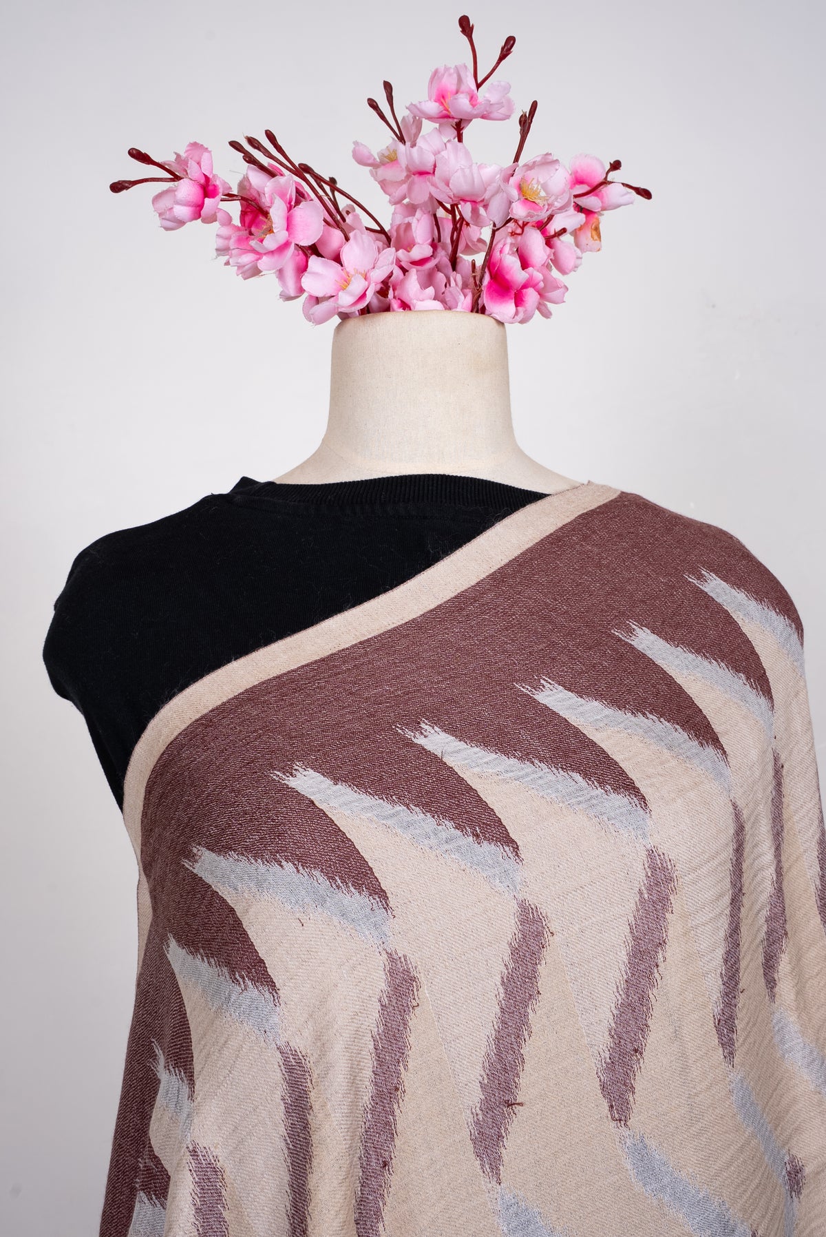 Fine Merino Wool Scarf in Beige and Mocha Abstract Pattern