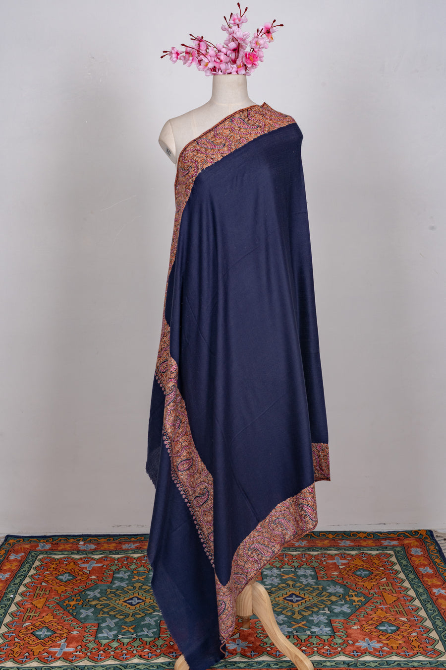 Midnight Regal Merino wool 2.5 Yards Sozni Hand Embroidered Shawl