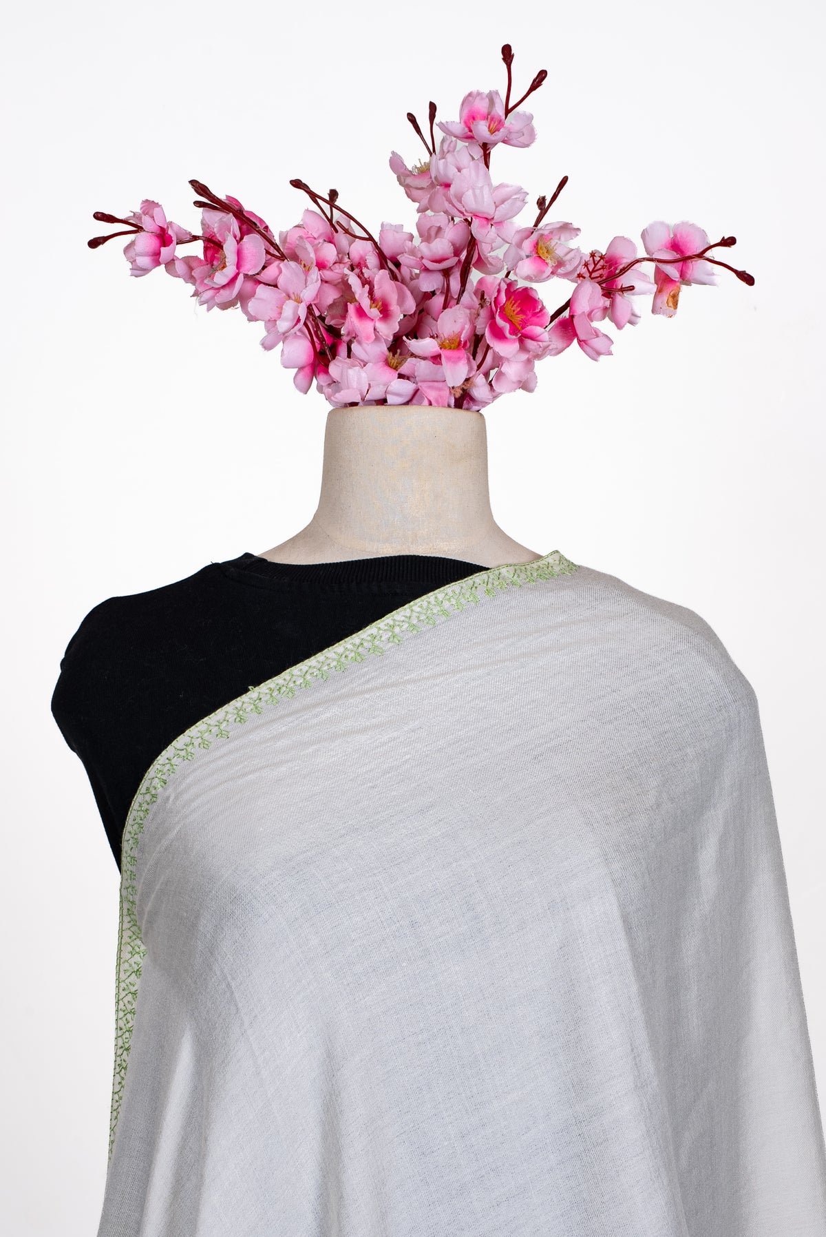 Hand Embroidered Scarf in Ivory with Sage Green Border