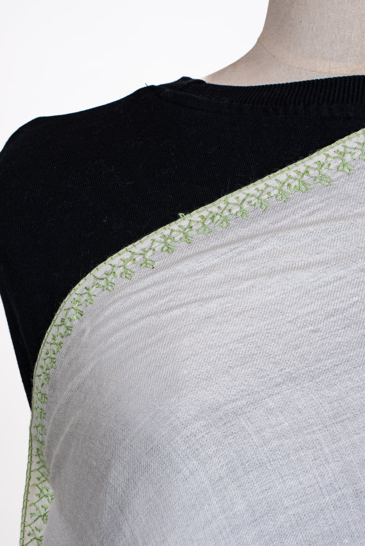 Hand Embroidered Scarf in Ivory with Sage Green Border