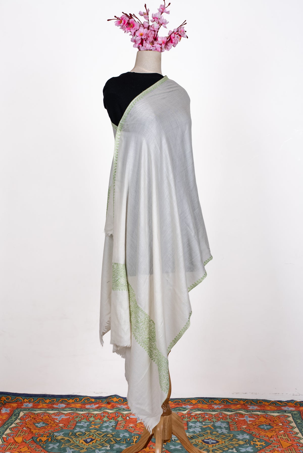 Hand Embroidered Scarf in Ivory with Sage Green Border