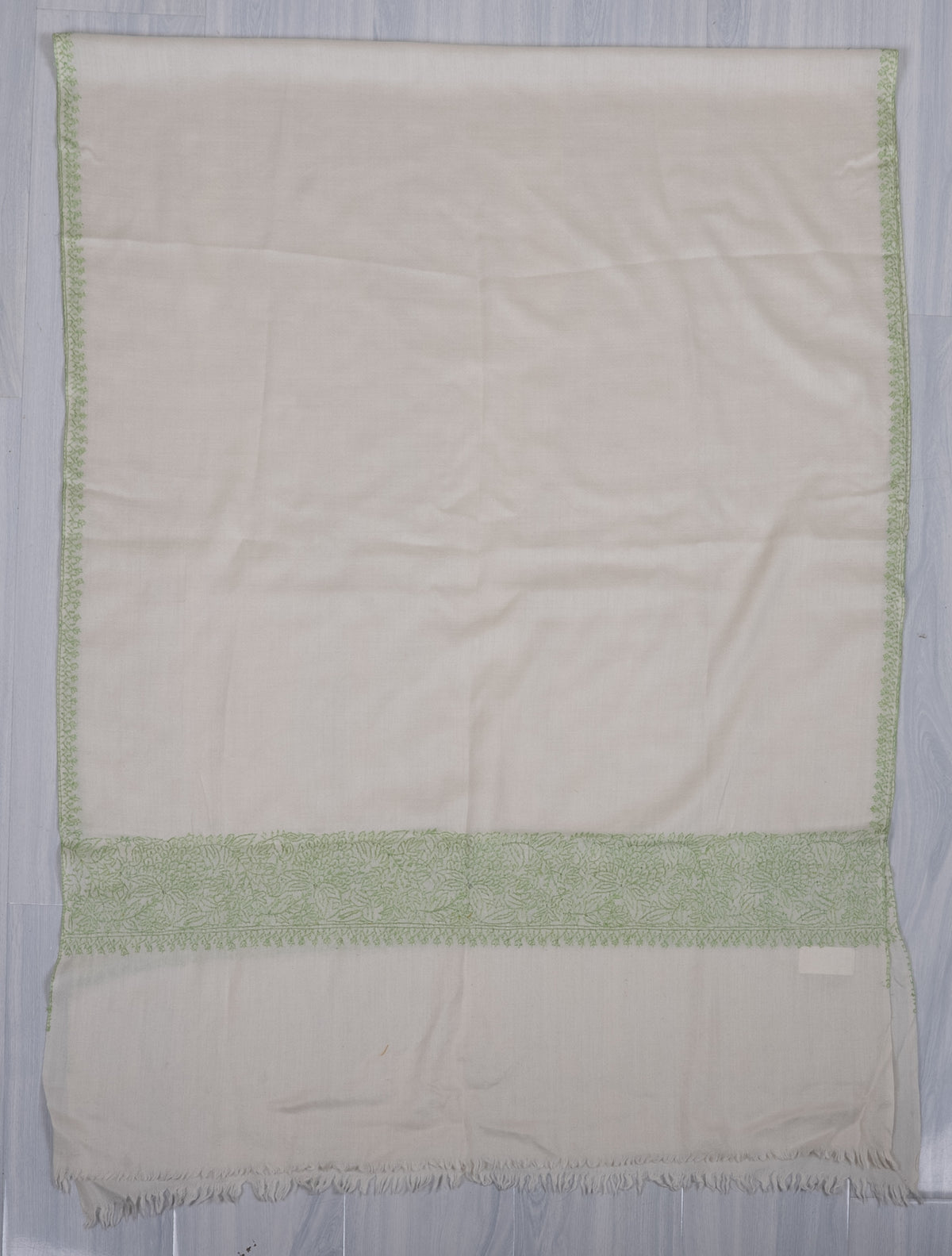 Hand Embroidered Scarf in Ivory with Sage Green Border