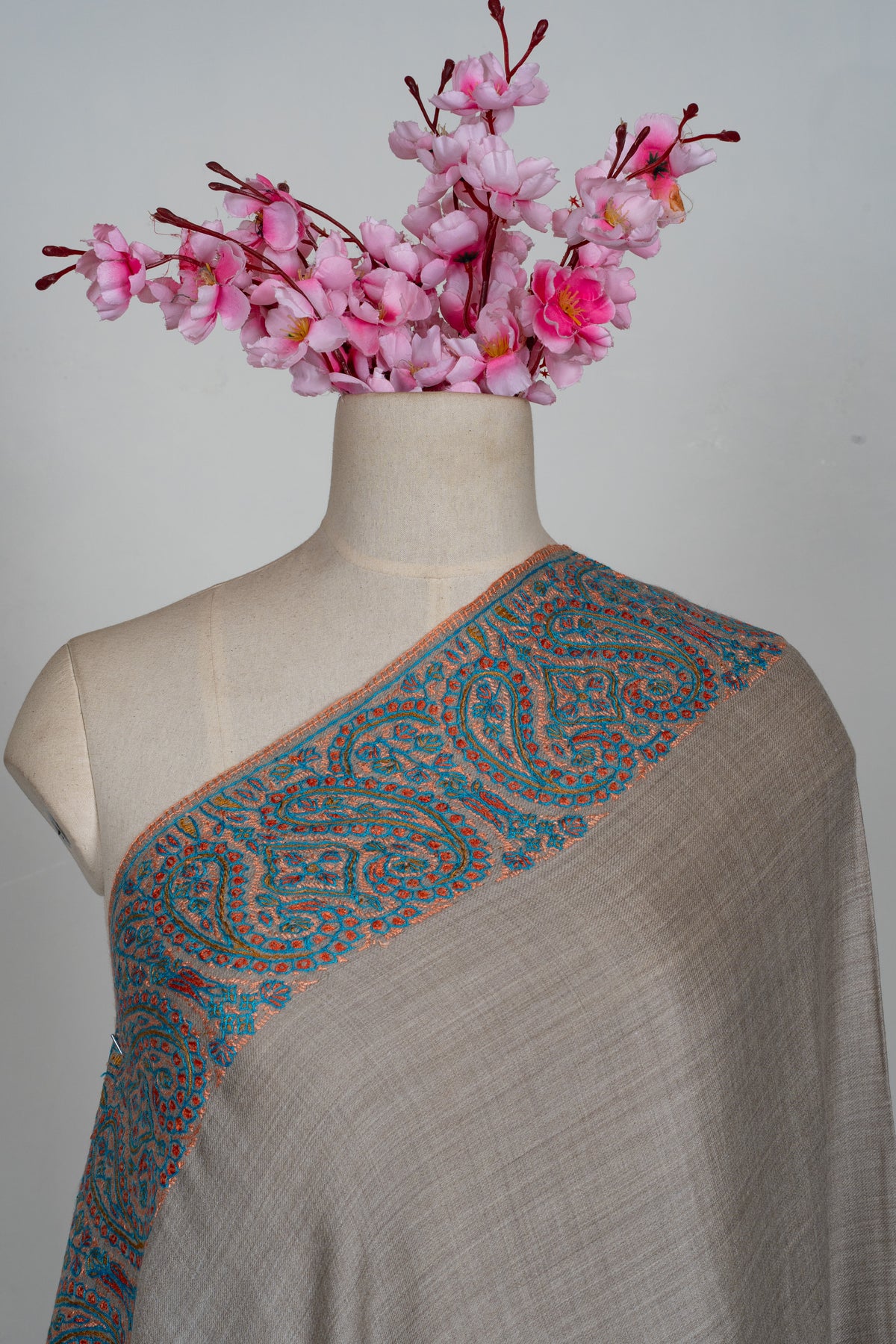 Teal Harmony Merino wool 2.5 Yards Sozni Hand Embroidered Shawl