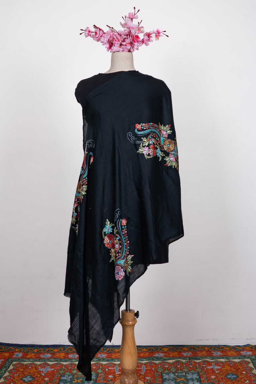 Hand Aari Embroidered Scarf in Black with Multicolor Paisley Motifs