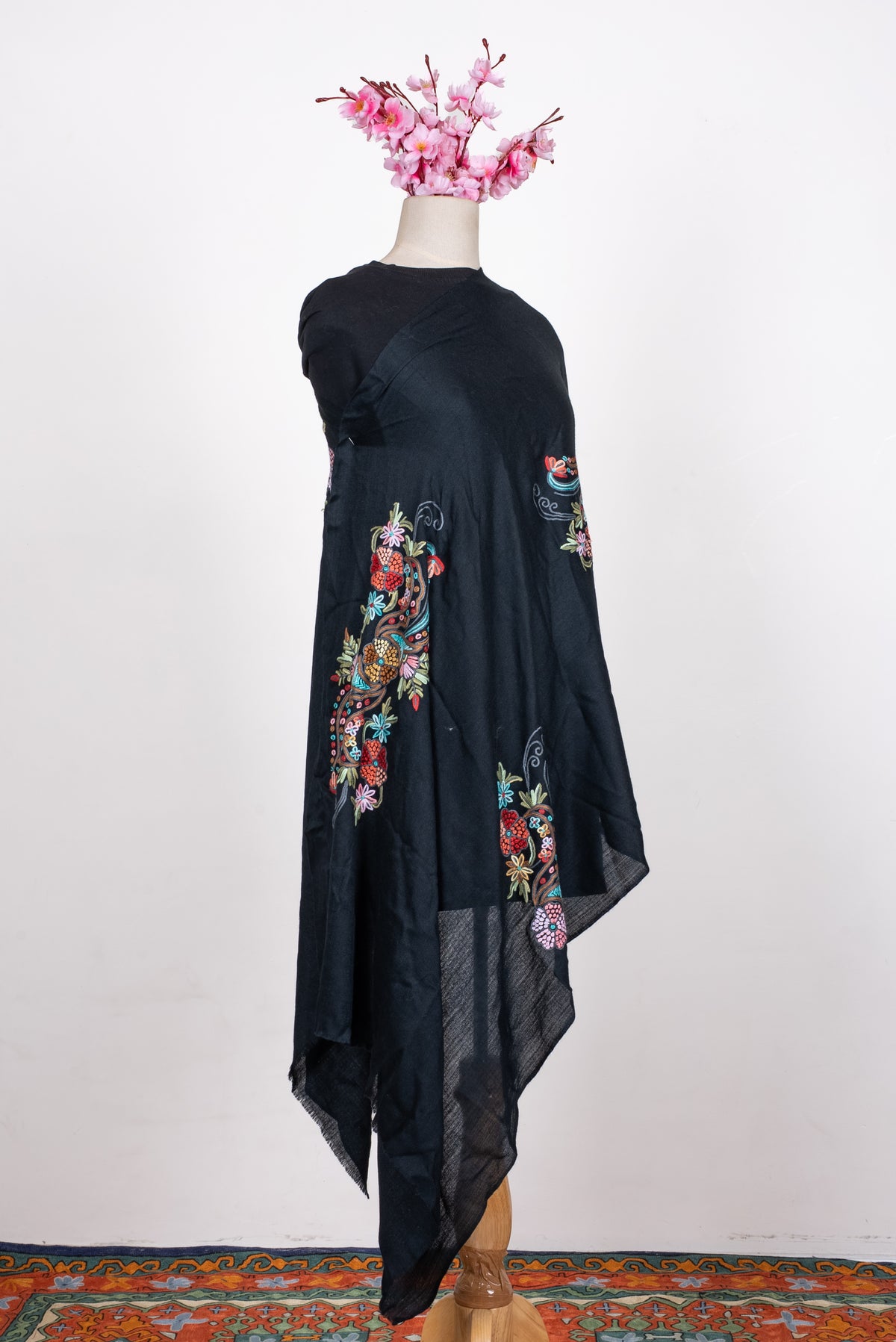 Hand Aari Embroidered Scarf in Black with Multicolor Paisley Motifs