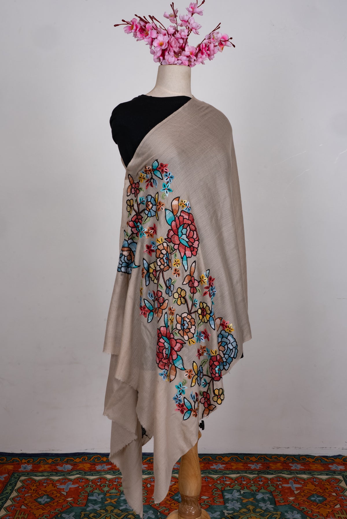 Hand Aari Embroidered Scarf in Beige with Multicolor Floral Embroidery