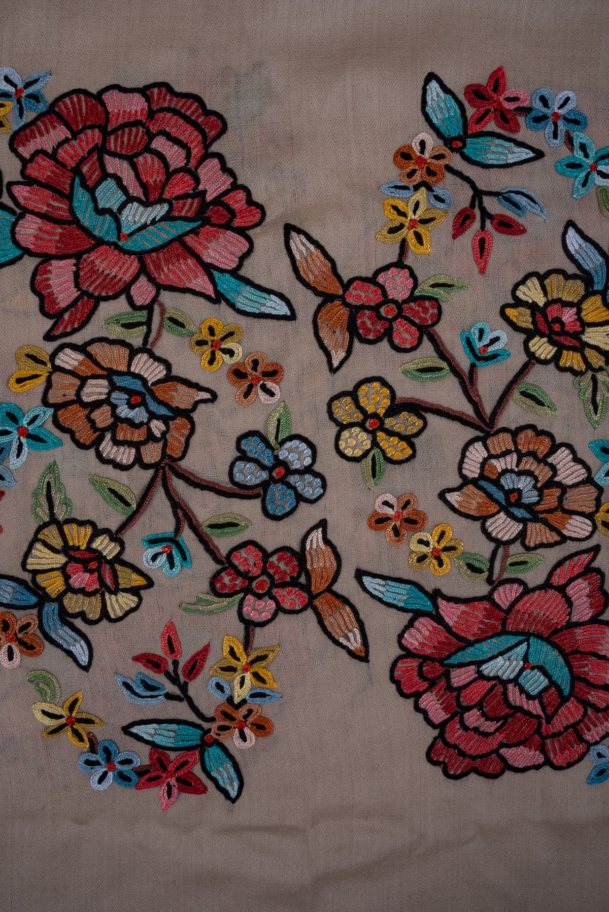 Hand Aari Embroidered Scarf in Beige with Multicolor Floral Embroidery