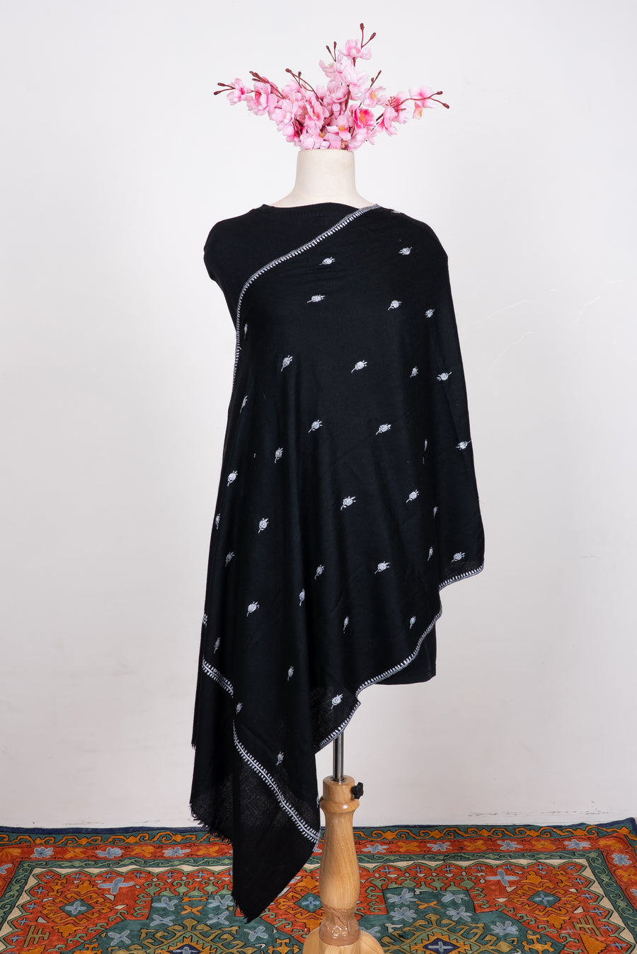 Hand Embroidered Scarf in Black with White Buti Embroidery