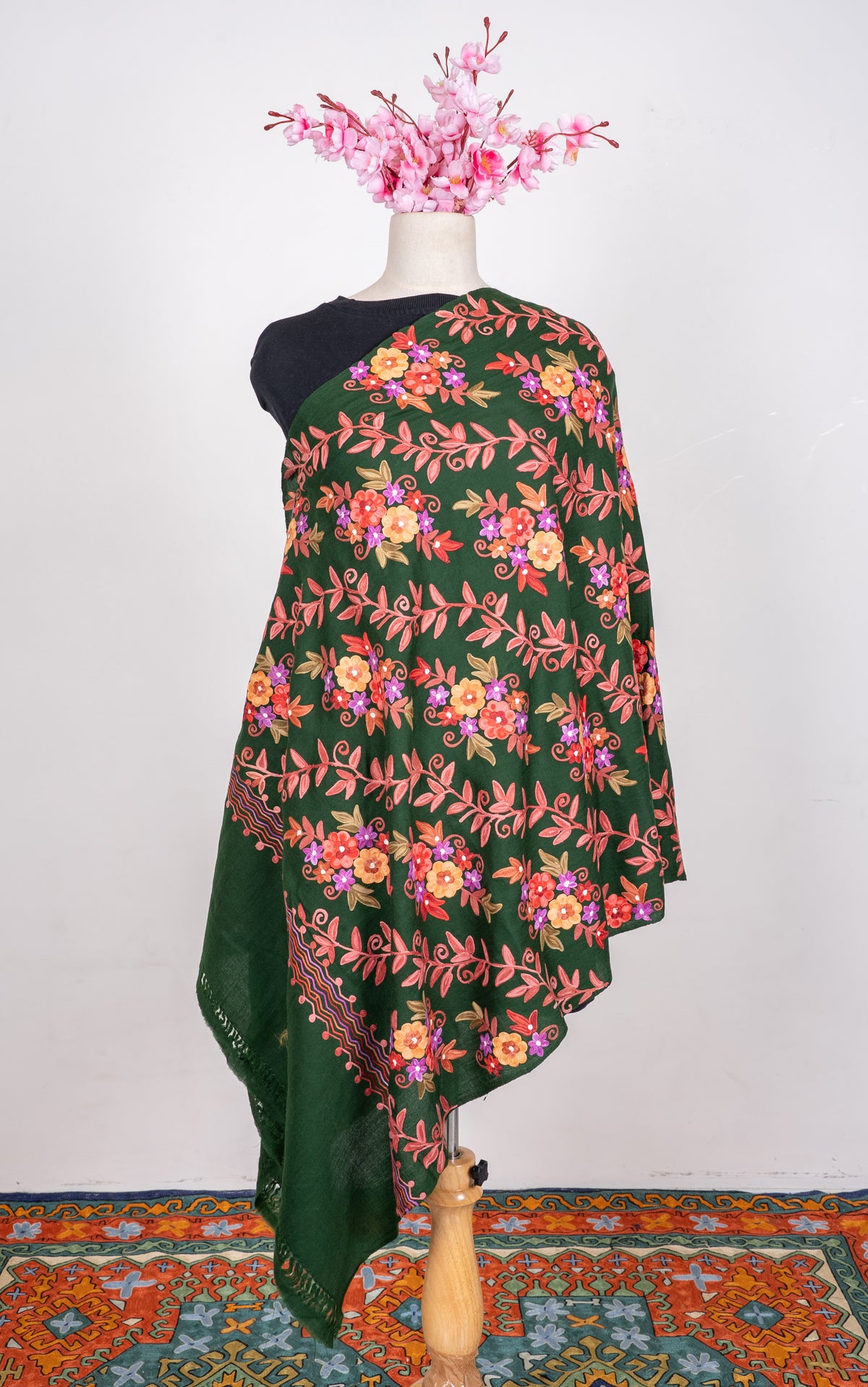 Machine Embroidered Scarf in Forest Green with Multicolor Floral Embroidery