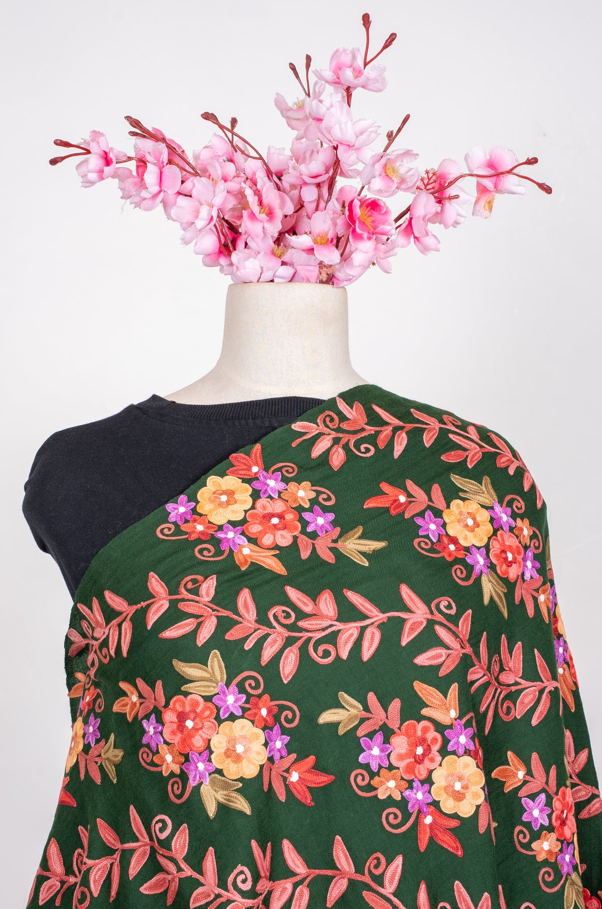 Machine Embroidered Scarf in Forest Green with Multicolor Floral Embroidery