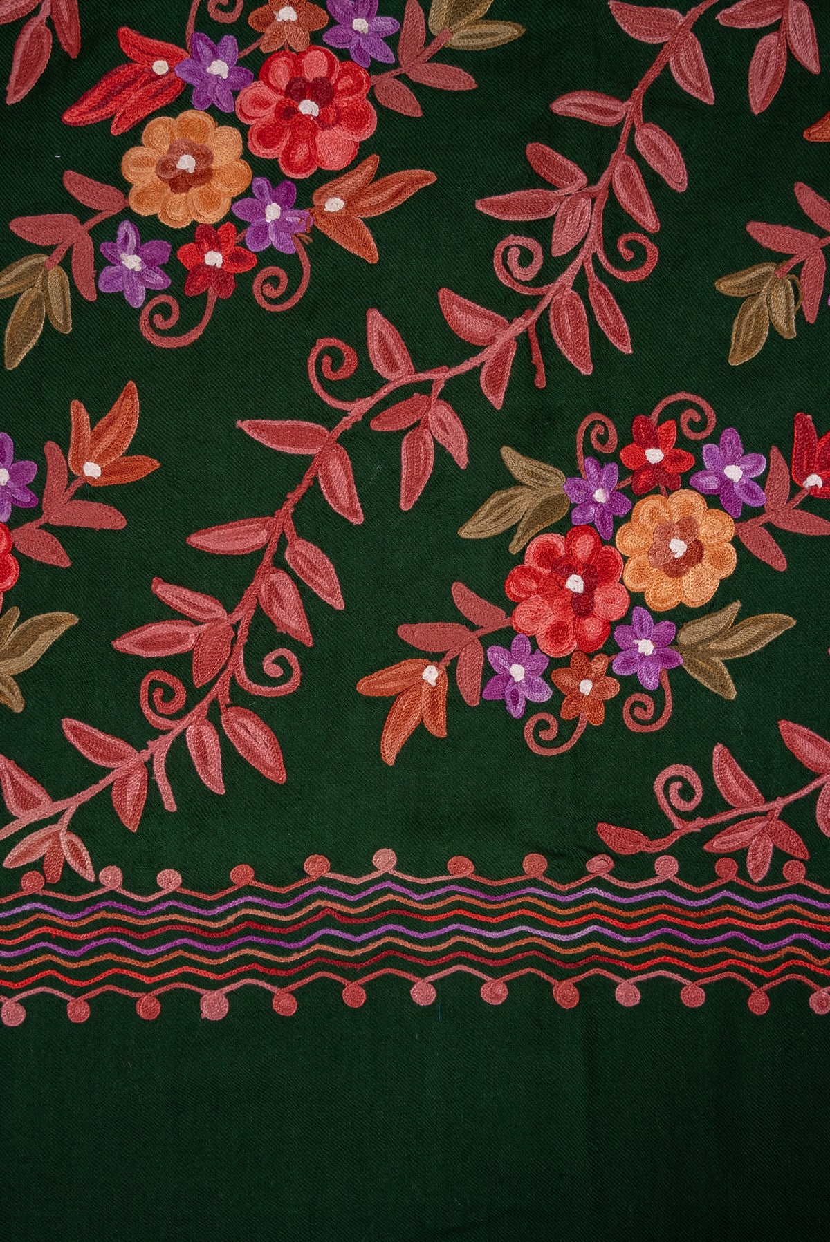 Machine Embroidered Scarf in Forest Green with Multicolor Floral Embroidery
