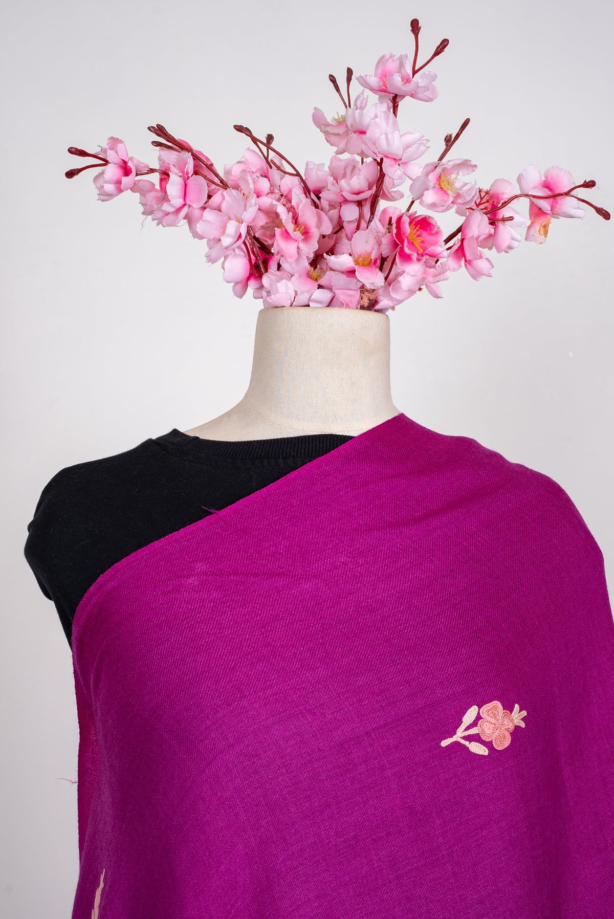 Machine Embroidered Scarf in Magenta with Floral Border Embroidery