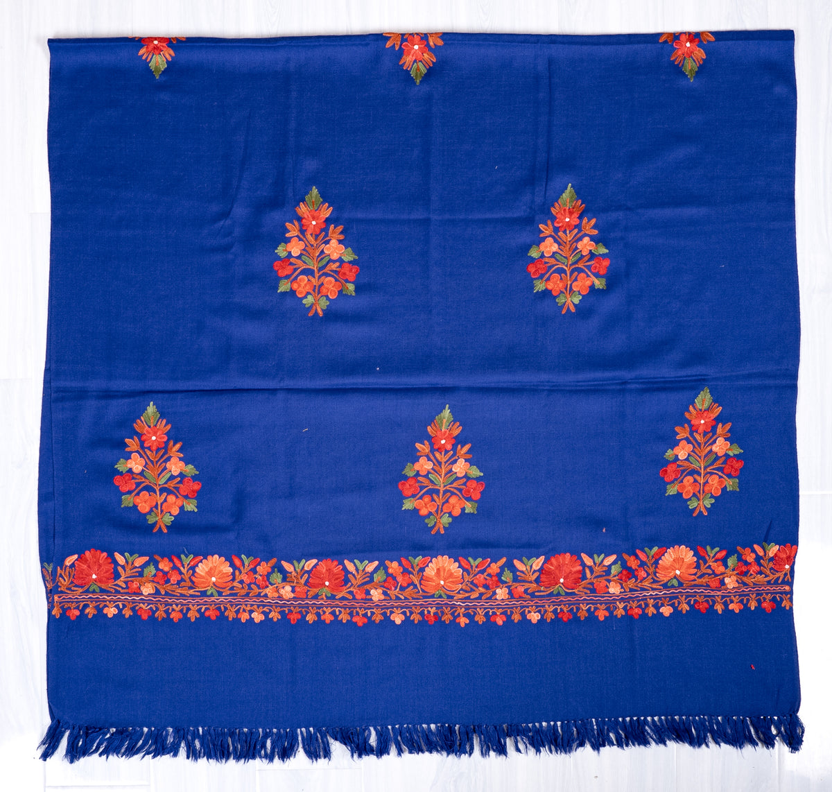 Machine Embroidered Shawl in Royal Blue with Floral Embroidery