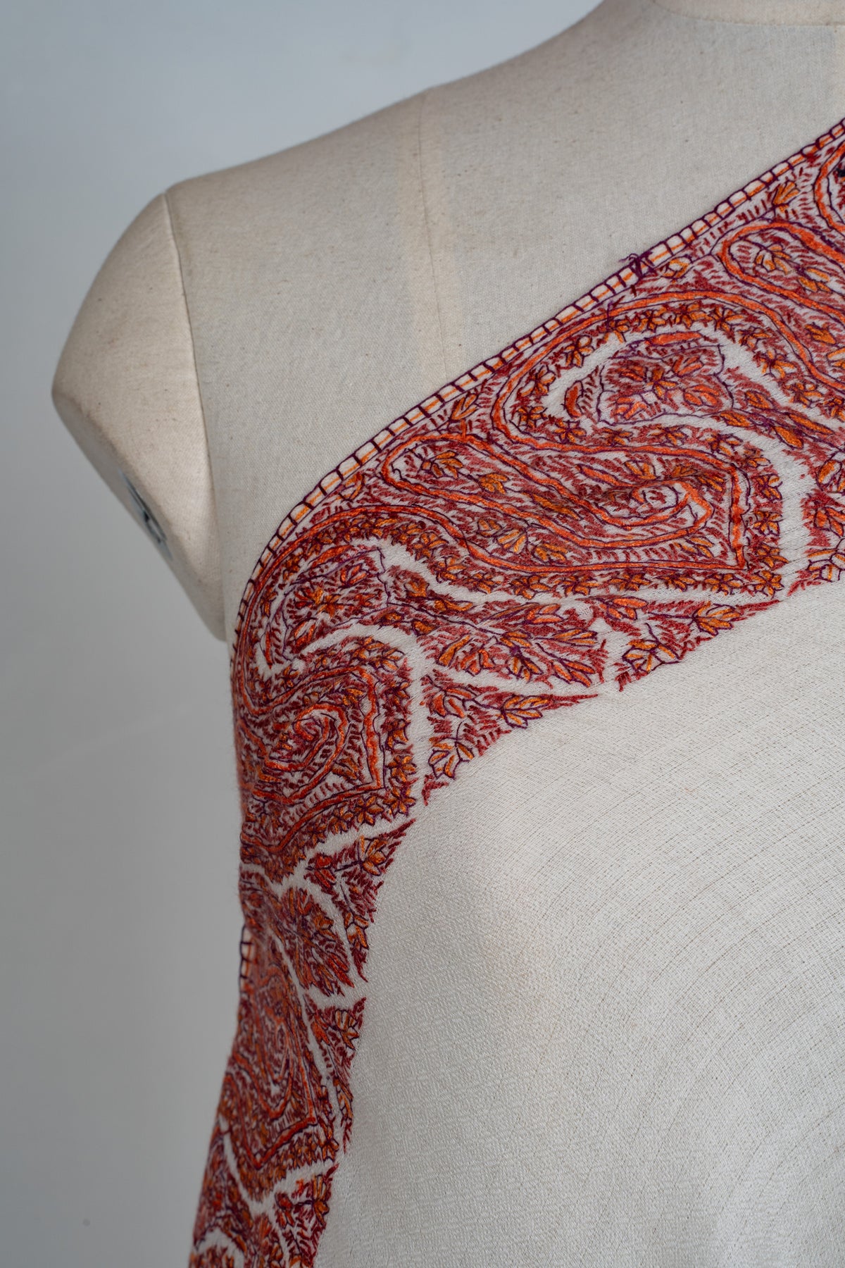 Ivory Ember Merino wool 2.5 Yards Sozni Hand Embroidered Shawl