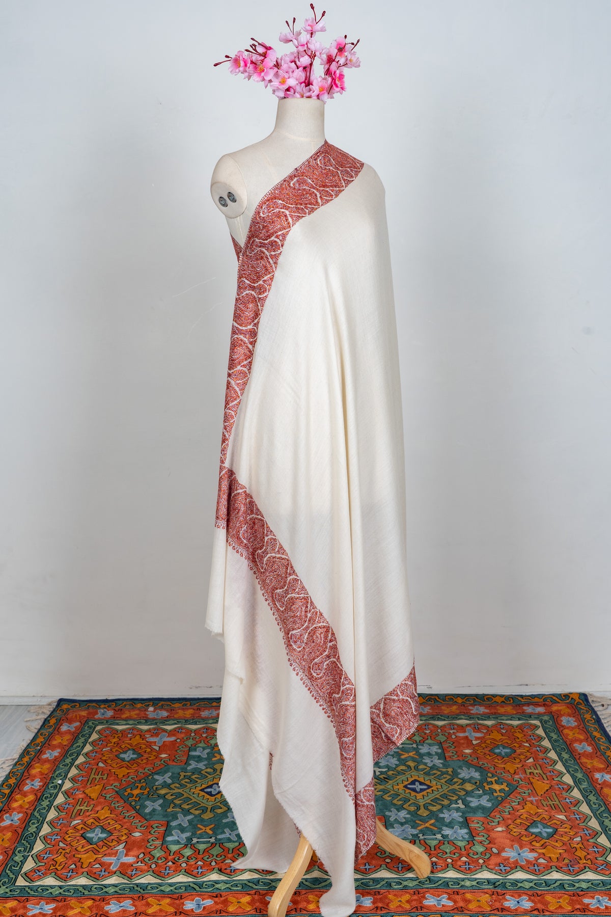 Ivory Ember Merino wool 2.5 Yards Sozni Hand Embroidered Shawl