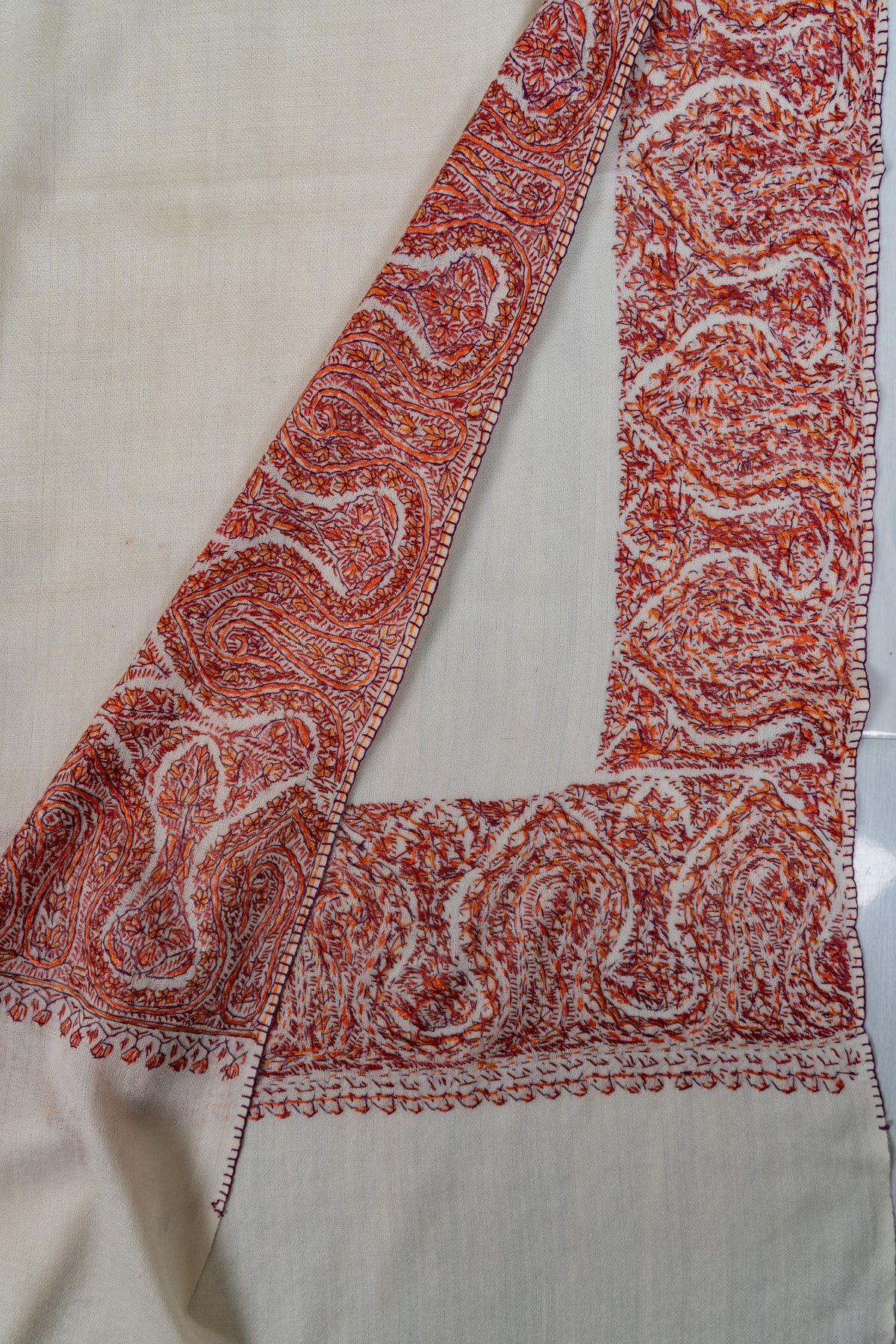 Ivory Ember Merino wool 2.5 Yards Sozni Hand Embroidered Shawl