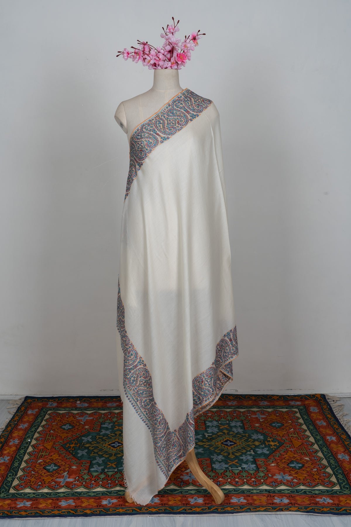 Snow Bloom Merino wool 2.5 Yards Sozni Hand Embroidered Shawl