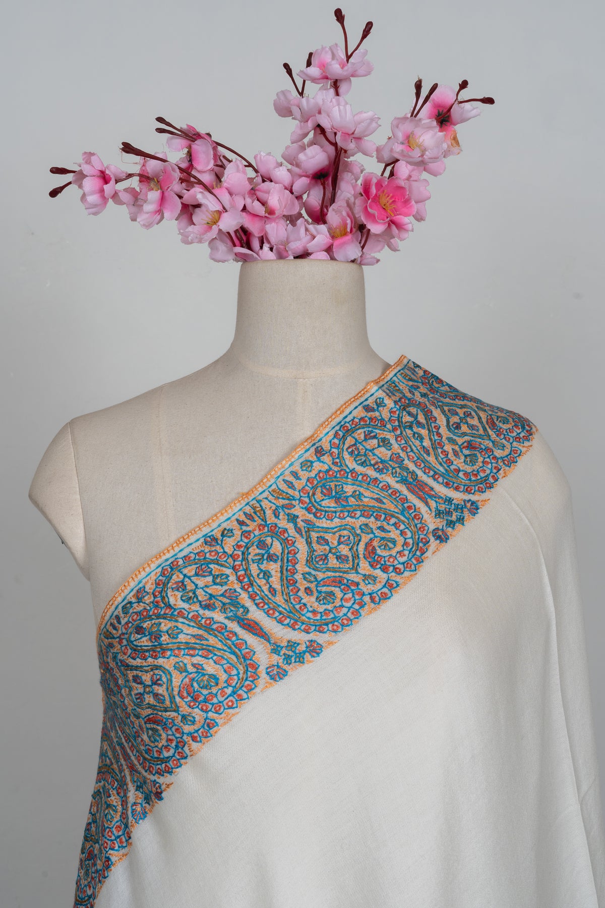 Snow Bloom Merino wool 2.5 Yards Sozni Hand Embroidered Shawl