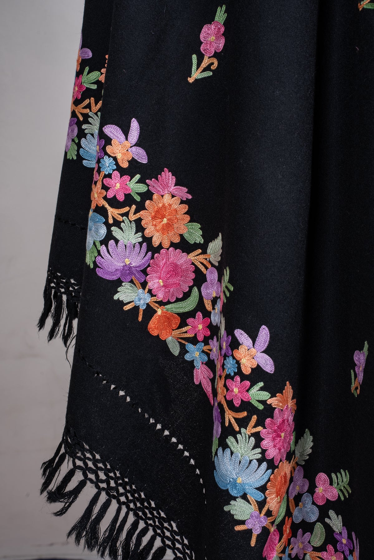 Machine Embroidered Floral Shawl in Black