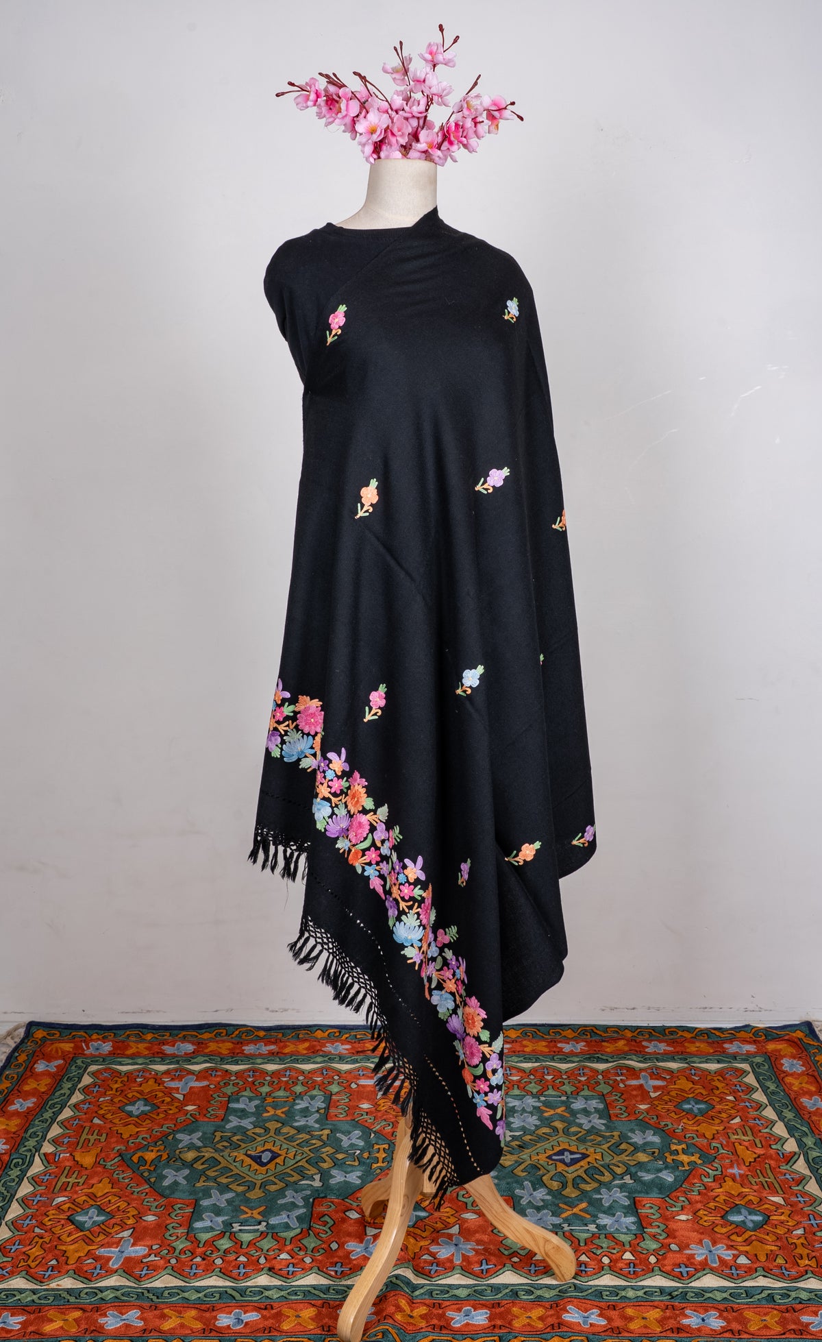 Machine Embroidered Floral Shawl in Black