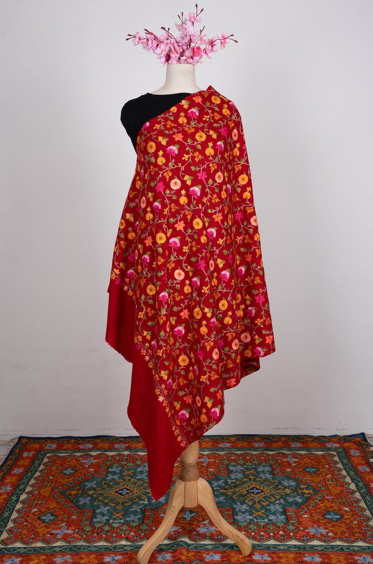Crimson Wildflower Aari Machine Embroidered Shawl