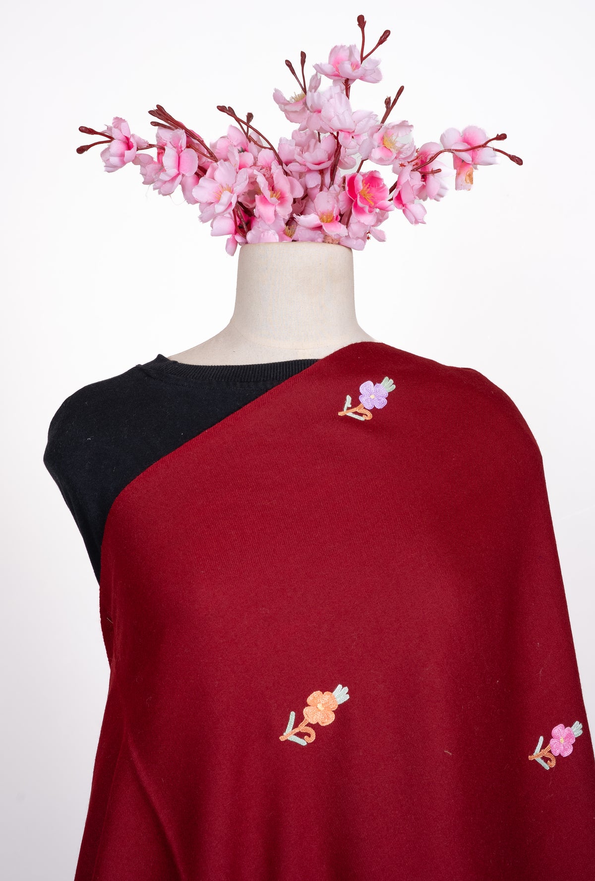 Crimson Blossom Aari Machine Embroidered Shawl