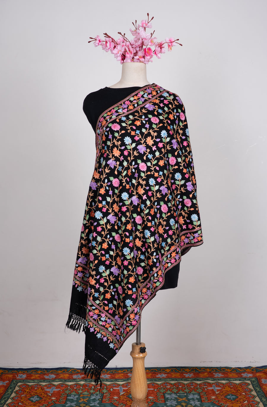 Midnight Botanical Garden Aari Machine Embroidered Shawl