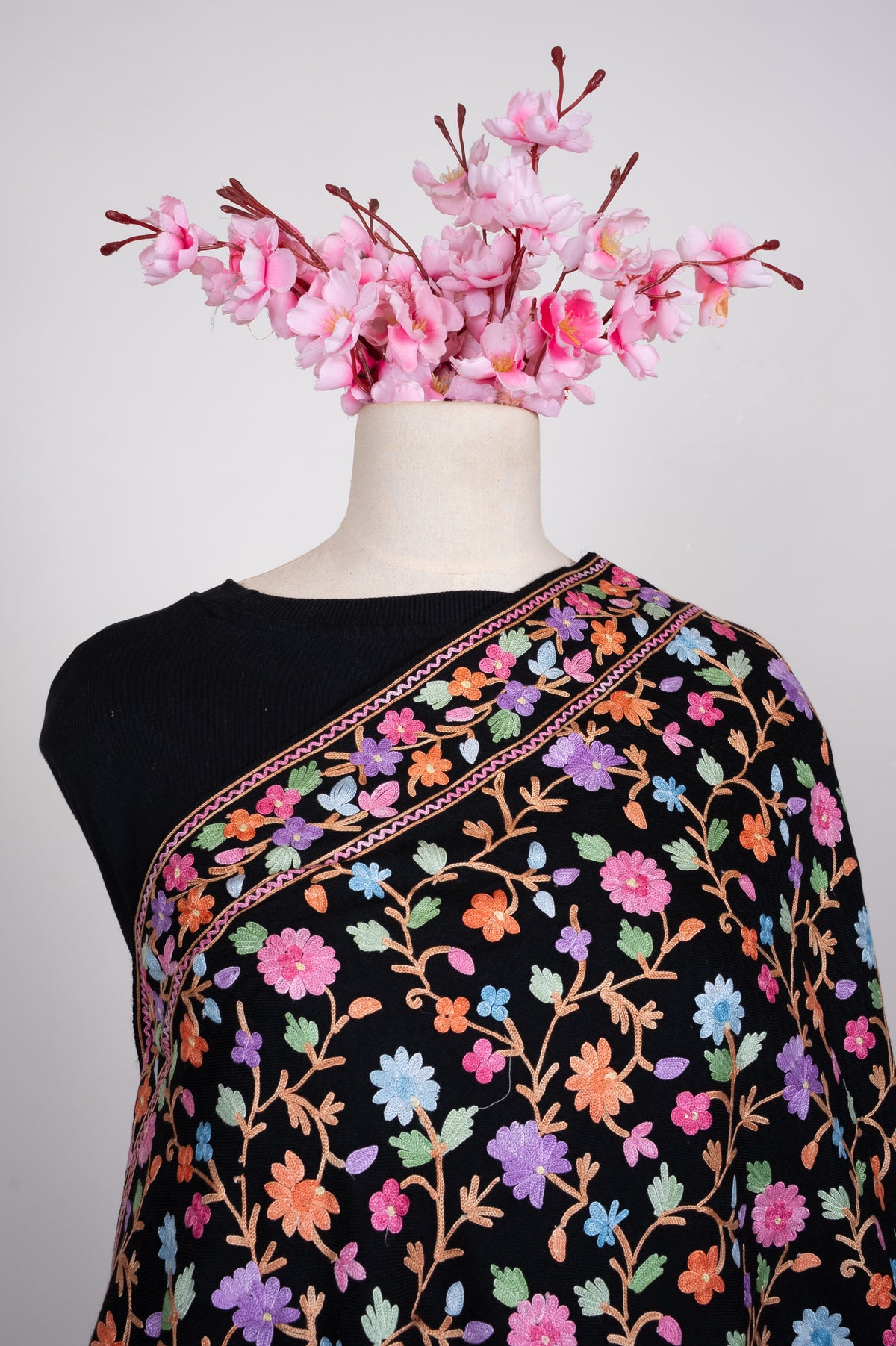 Midnight Botanical Garden Aari Machine Embroidered Shawl