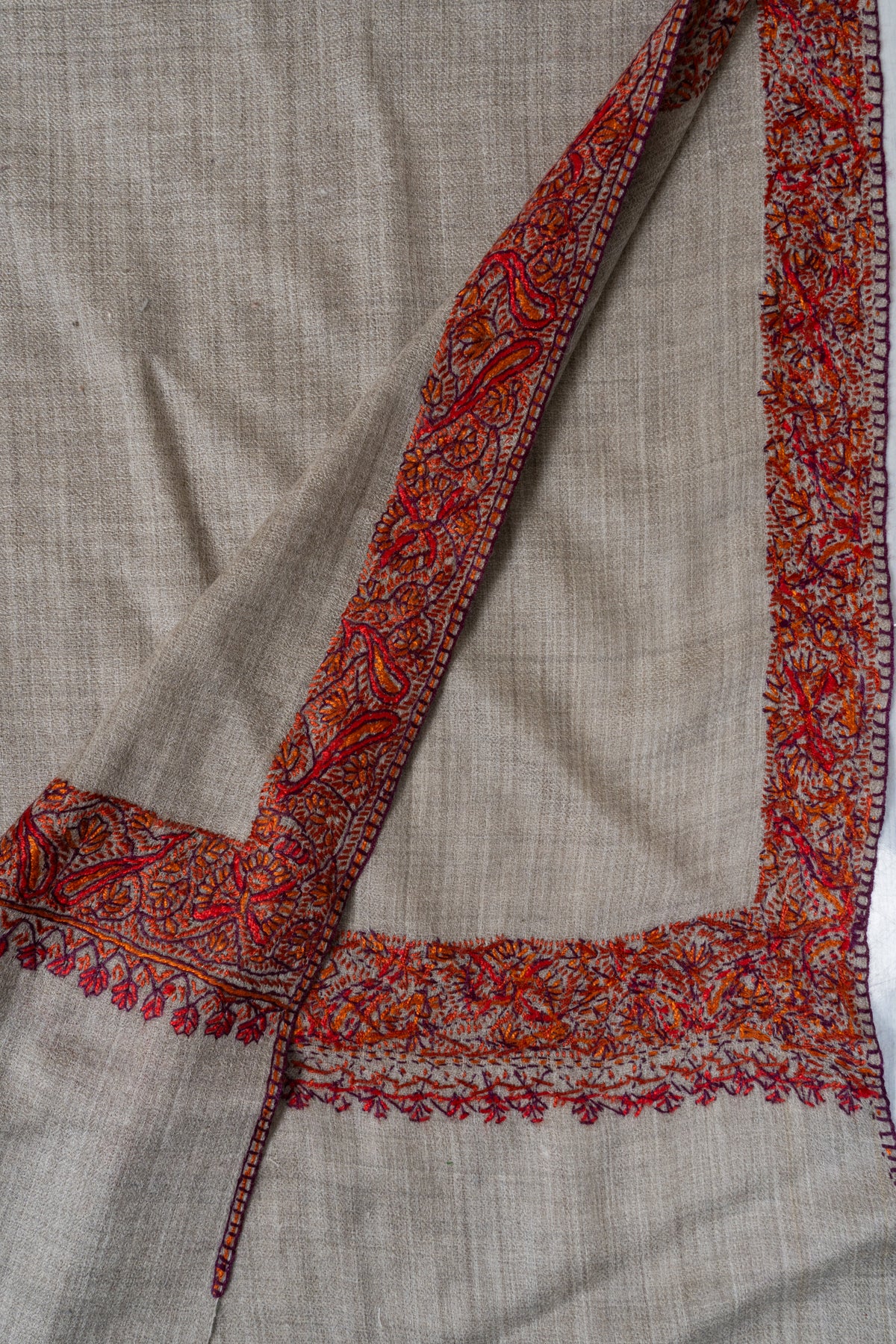Taupe Classic Merino wool 2.5 Yards Sozni Hand Embroidered Shawl