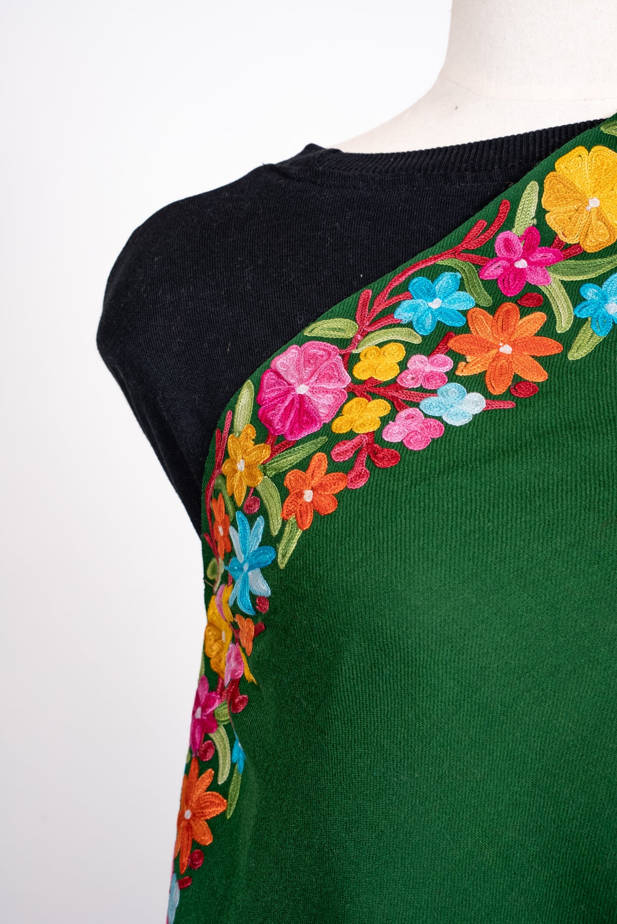Shoulder close-up of the forest-green shawl, showing bright Aari flowers, red curling stems and green leaves along the edge
