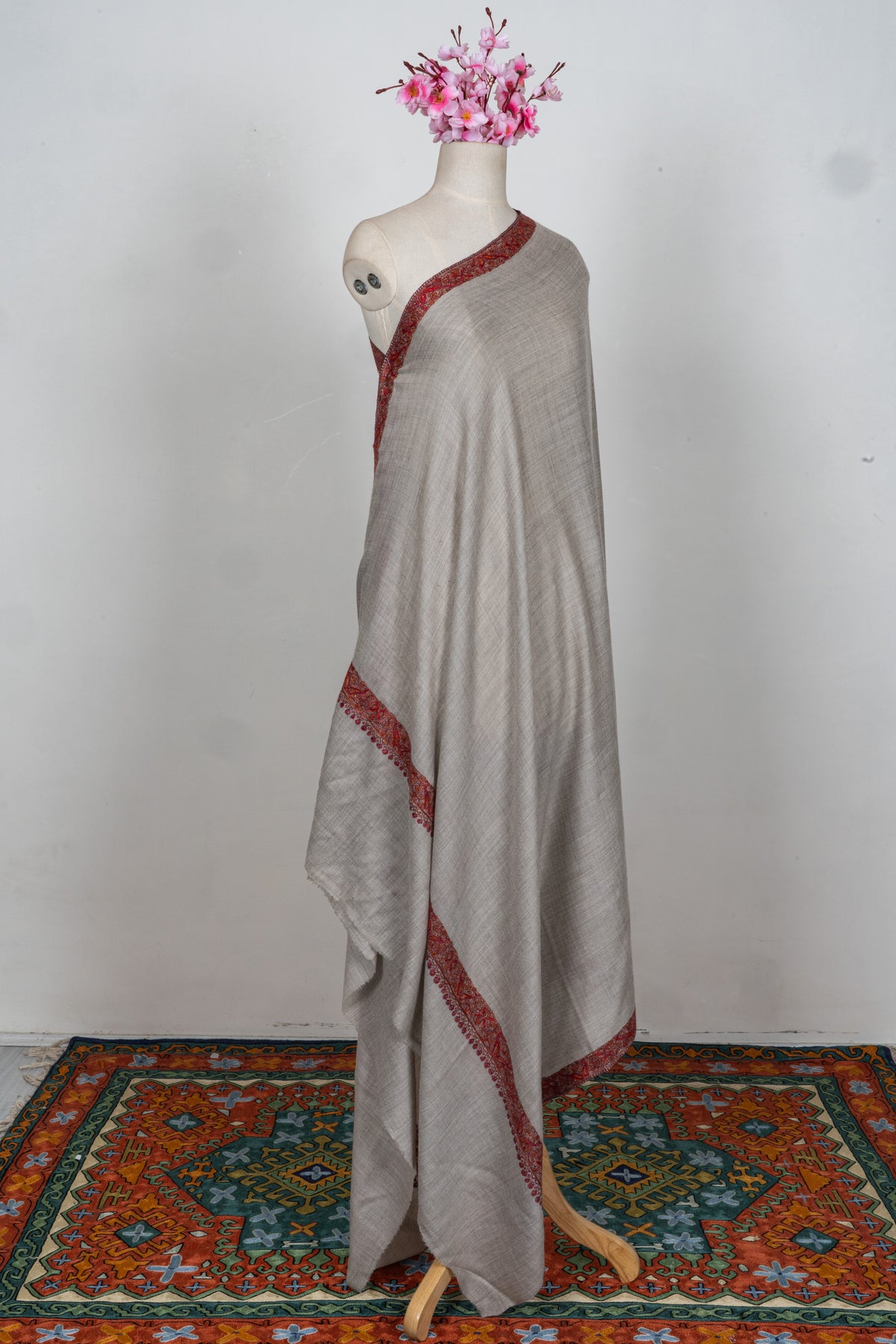 Taupe Classic Merino wool 2.5 Yards Sozni Hand Embroidered Shawl