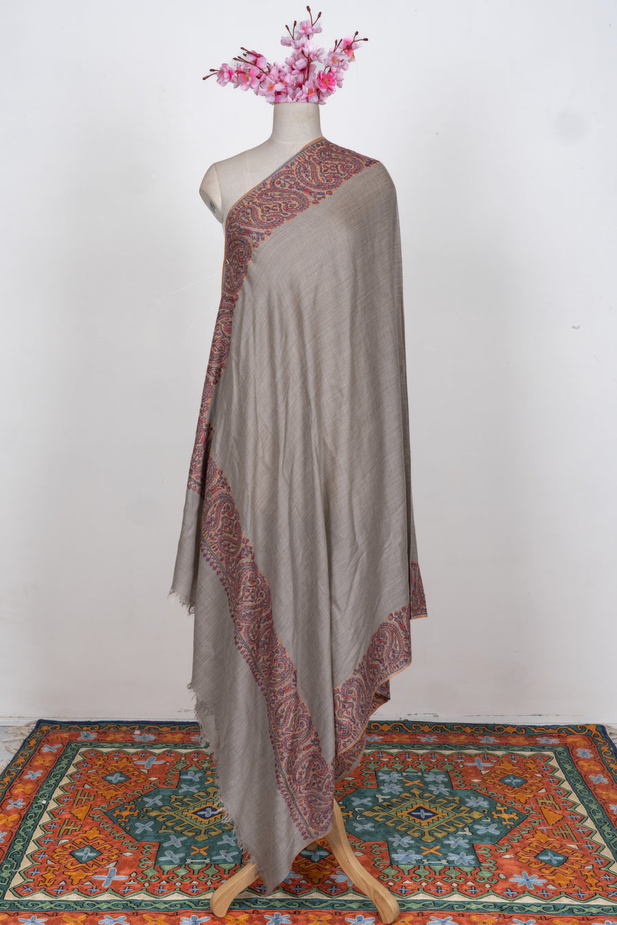 Earthstone Elegance Merino wool 2.5 Yards Sozni Hand Embroidered Shawl