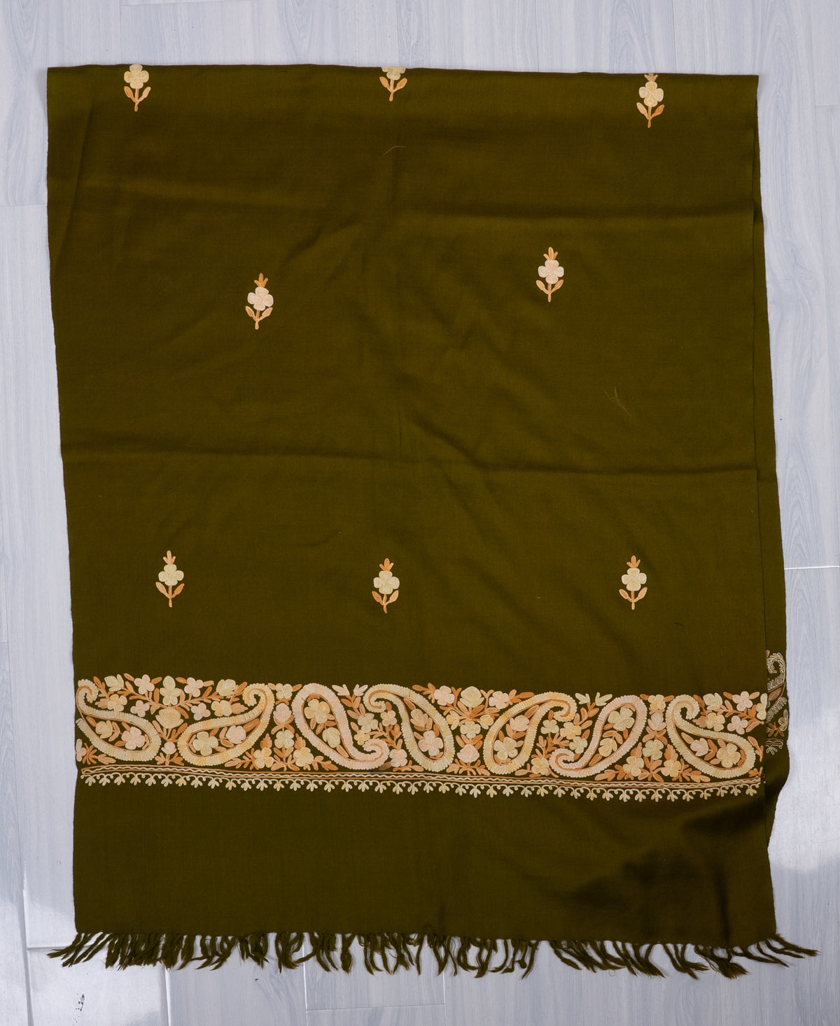 Machine Embroidered Scarf in Olive Green with Paisley Border Embroidery