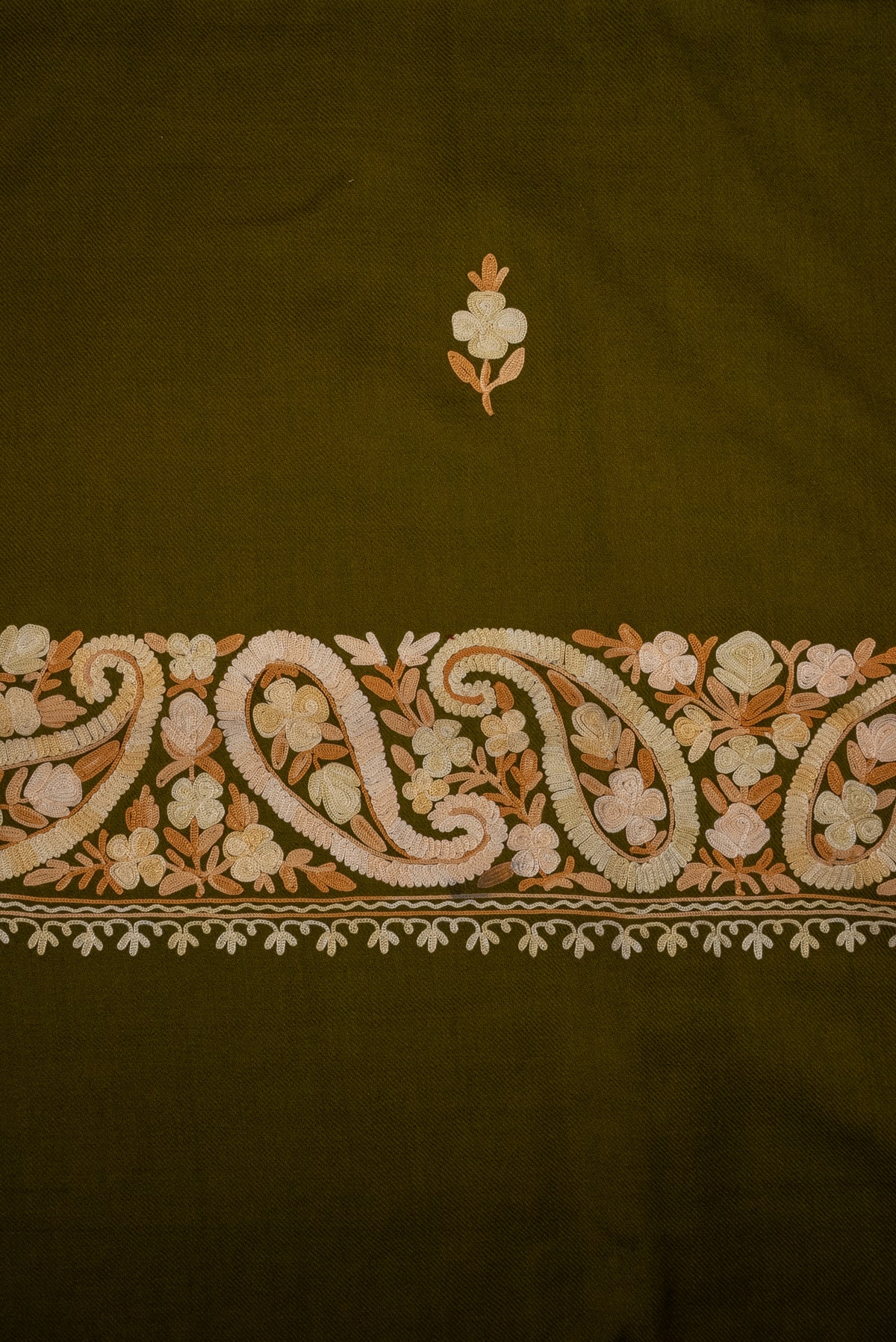 Machine Embroidered Scarf in Olive Green with Paisley Border Embroidery