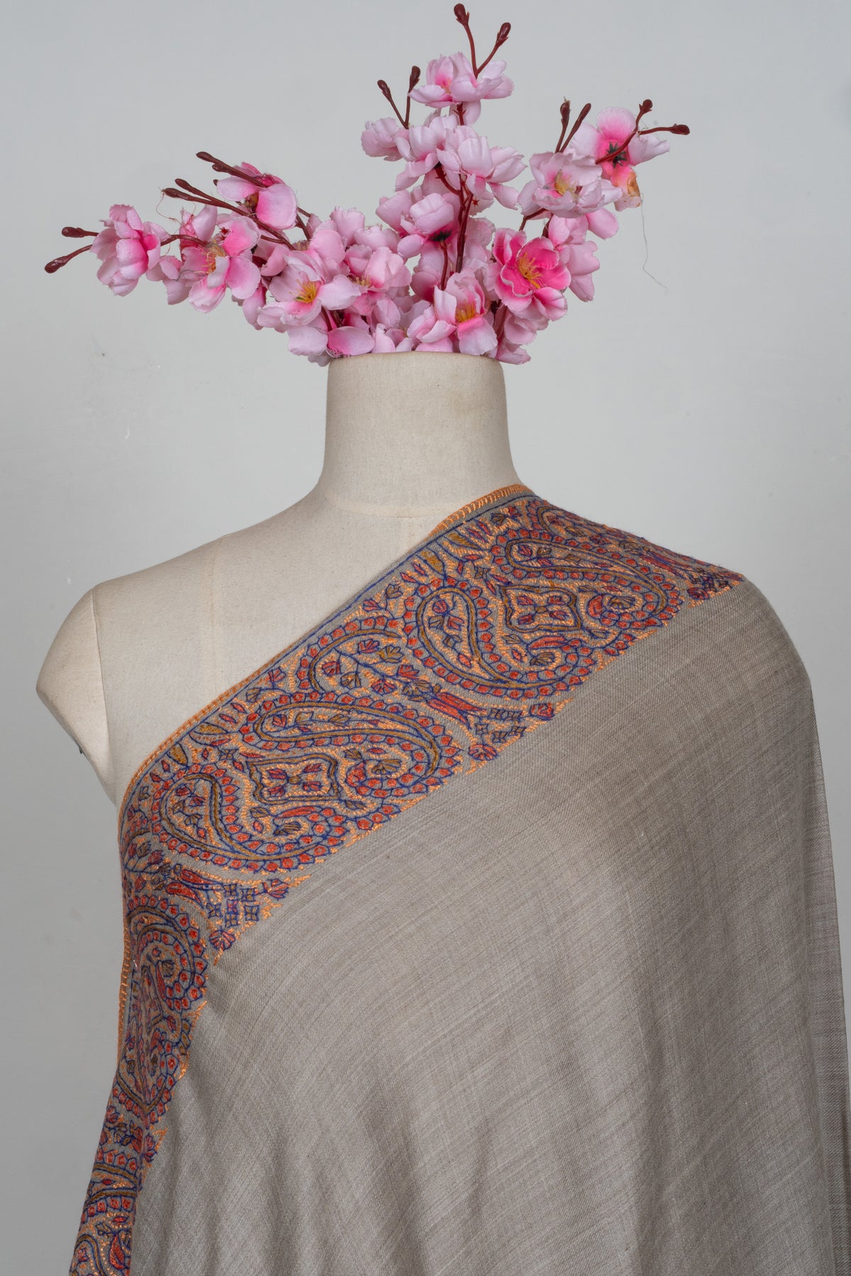 Earthstone Elegance Merino wool 2.5 Yards Sozni Hand Embroidered Shawl