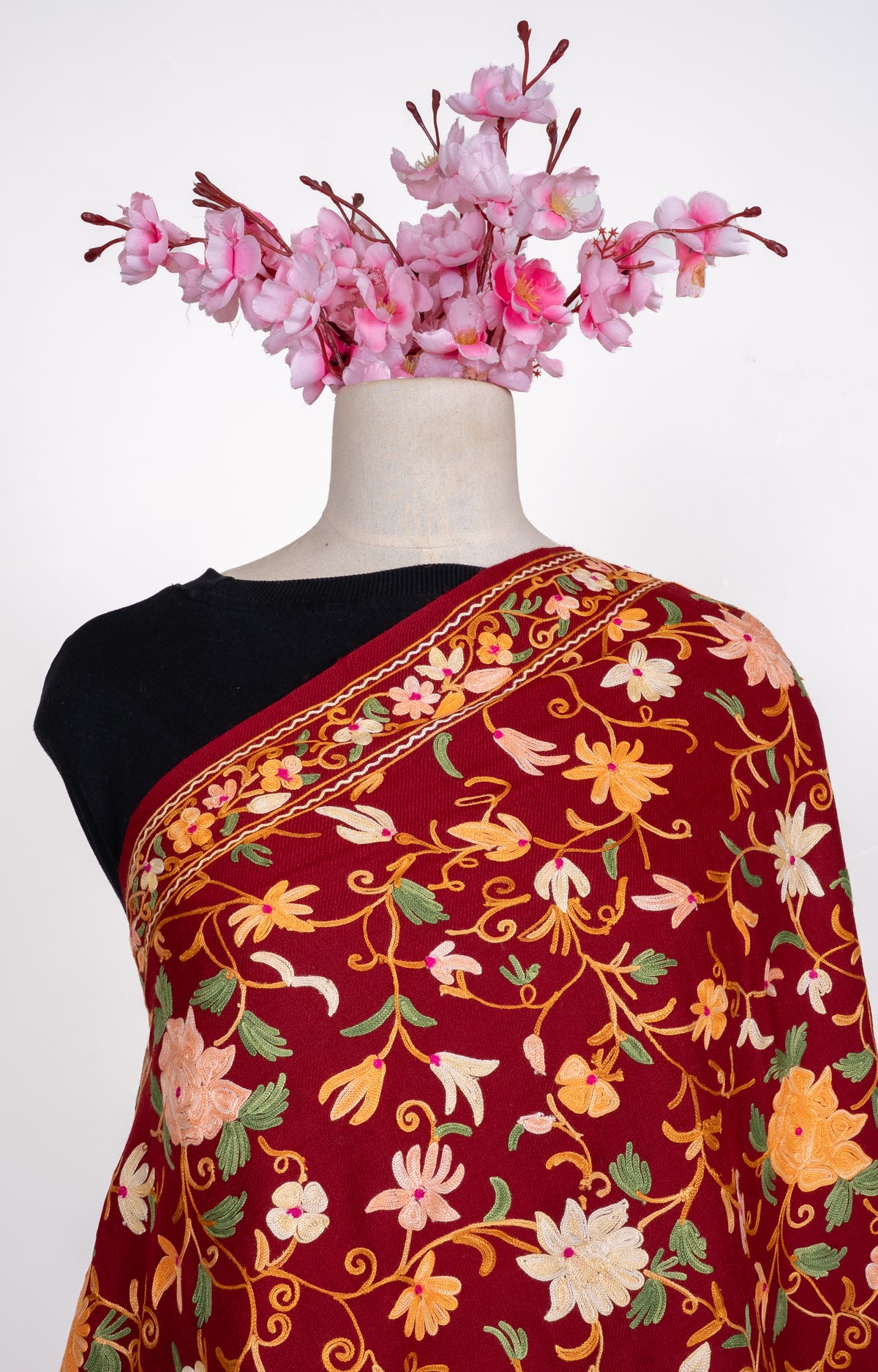 Machine Embroidered wrap in Maroon with Kashmiri Floral Vine Embroider