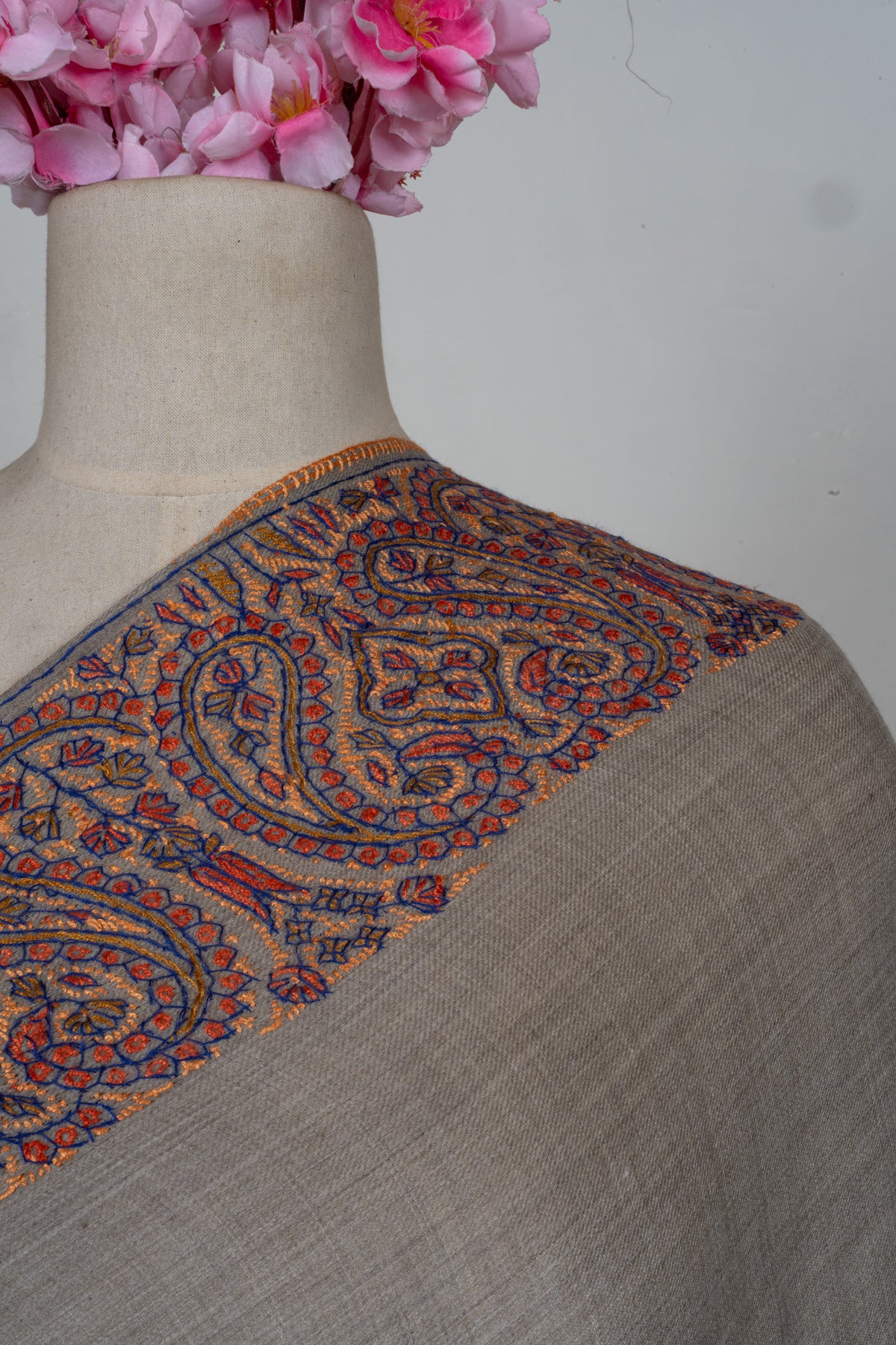 Earthstone Elegance Merino wool 2.5 Yards Sozni Hand Embroidered Shawl