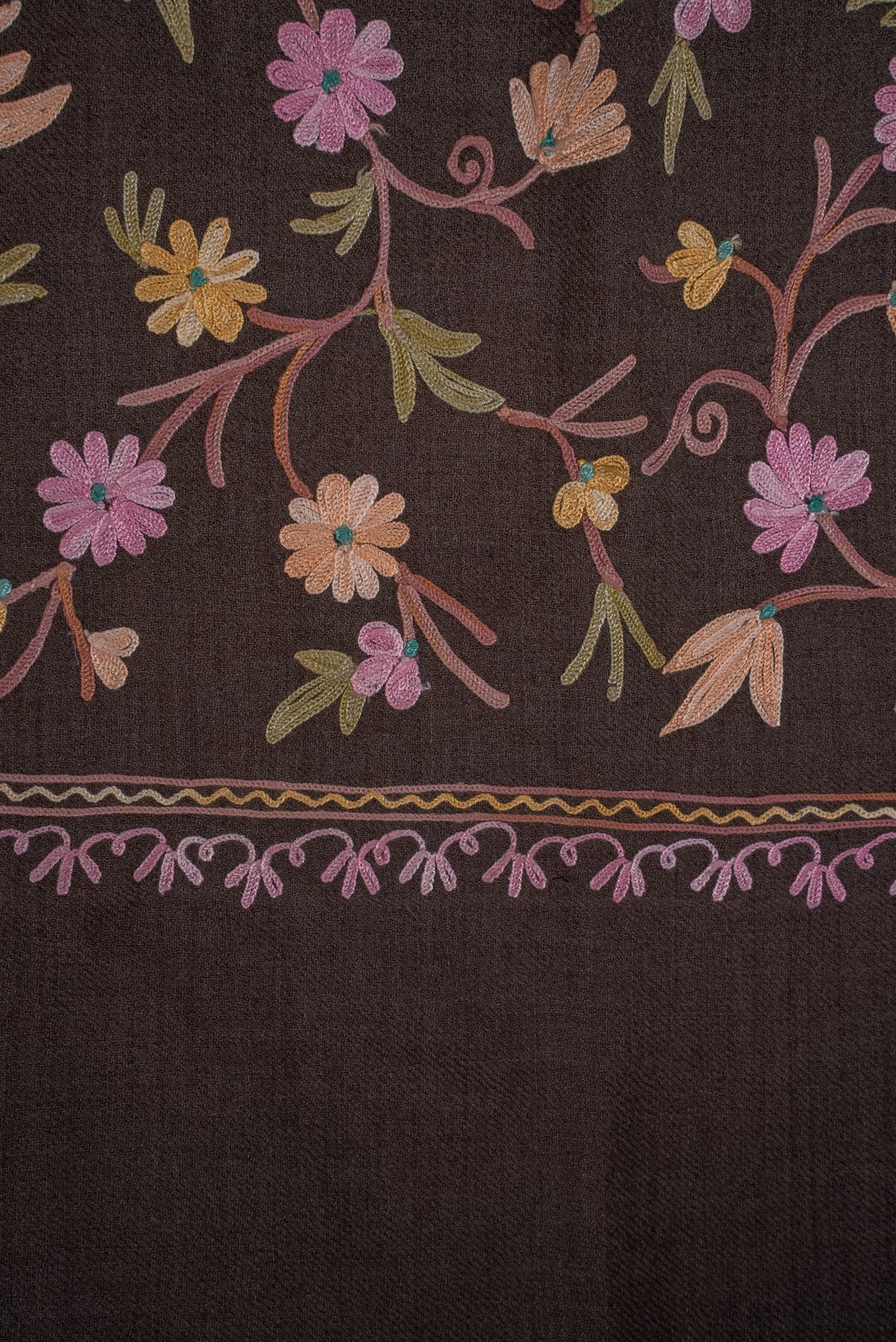Machine Embroidered Scarf in Brown with All-Over Floral Embroidery