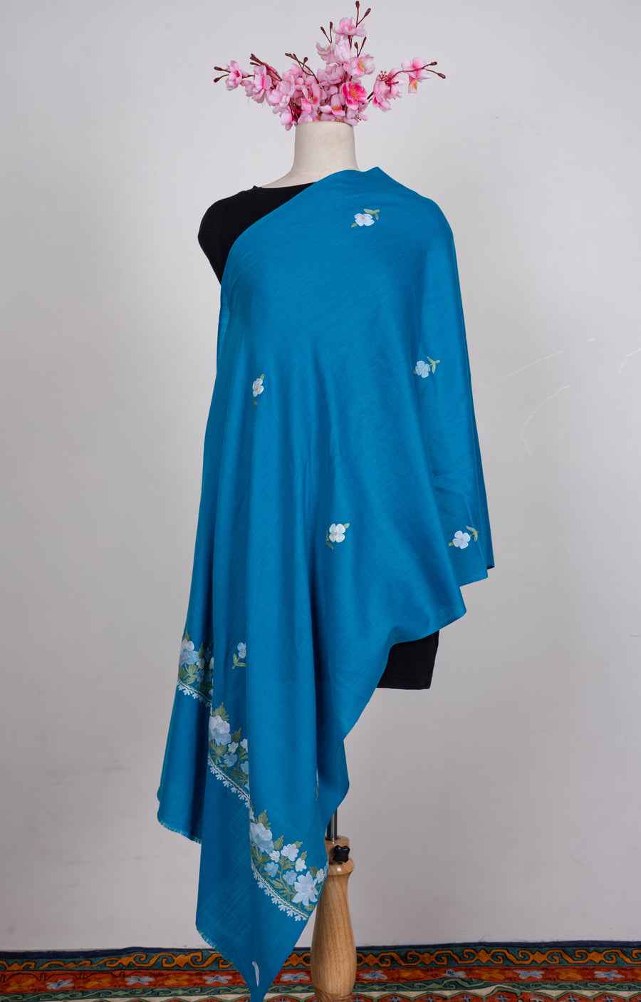 Machine Embroidered Scarf in Turquoise Blue with Floral Border Embroidery