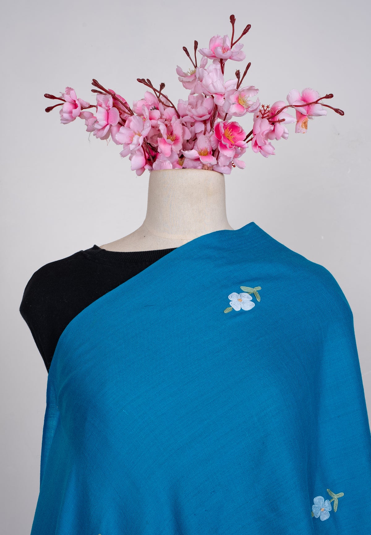 Machine Embroidered Scarf in Turquoise Blue with Floral Border Embroidery