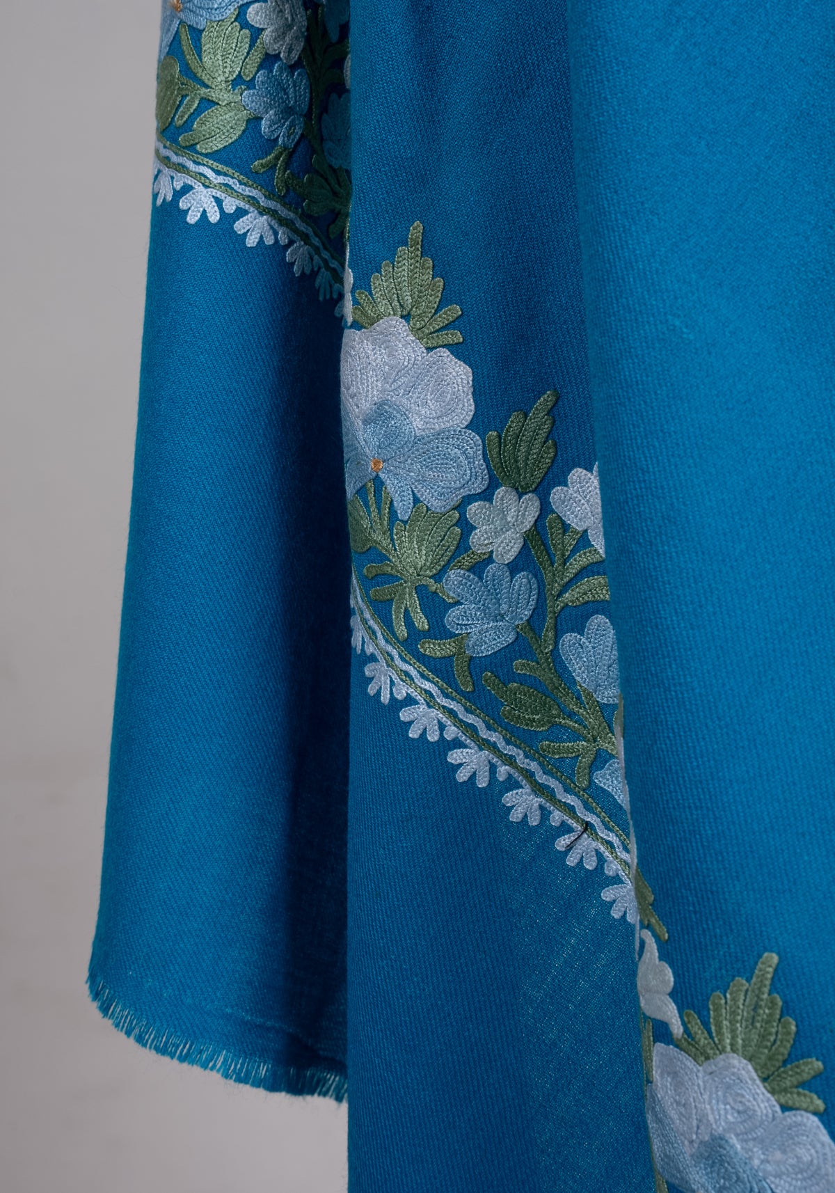 Machine Embroidered Scarf in Turquoise Blue with Floral Border Embroidery