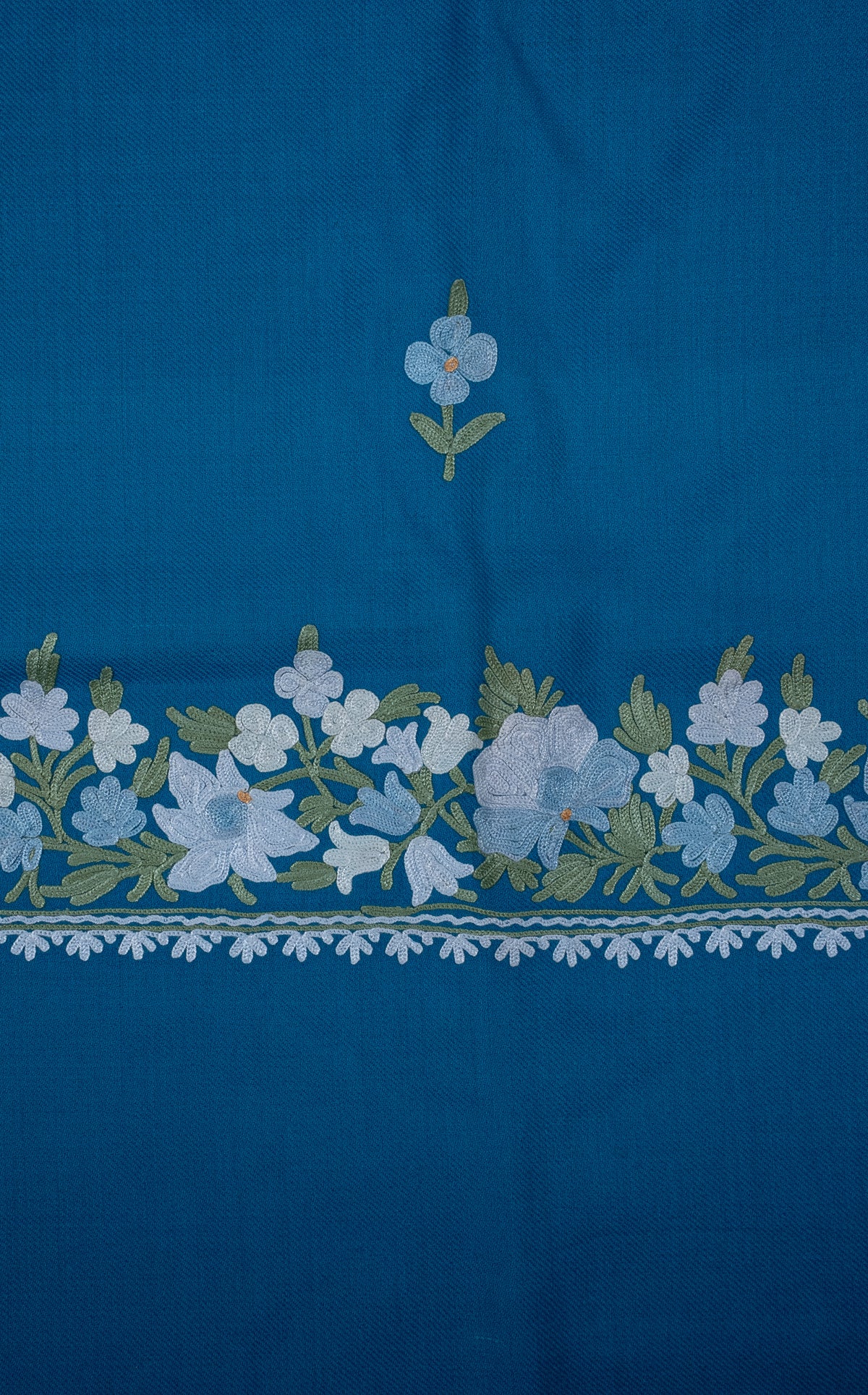 Machine Embroidered Scarf in Turquoise Blue with Floral Border Embroidery