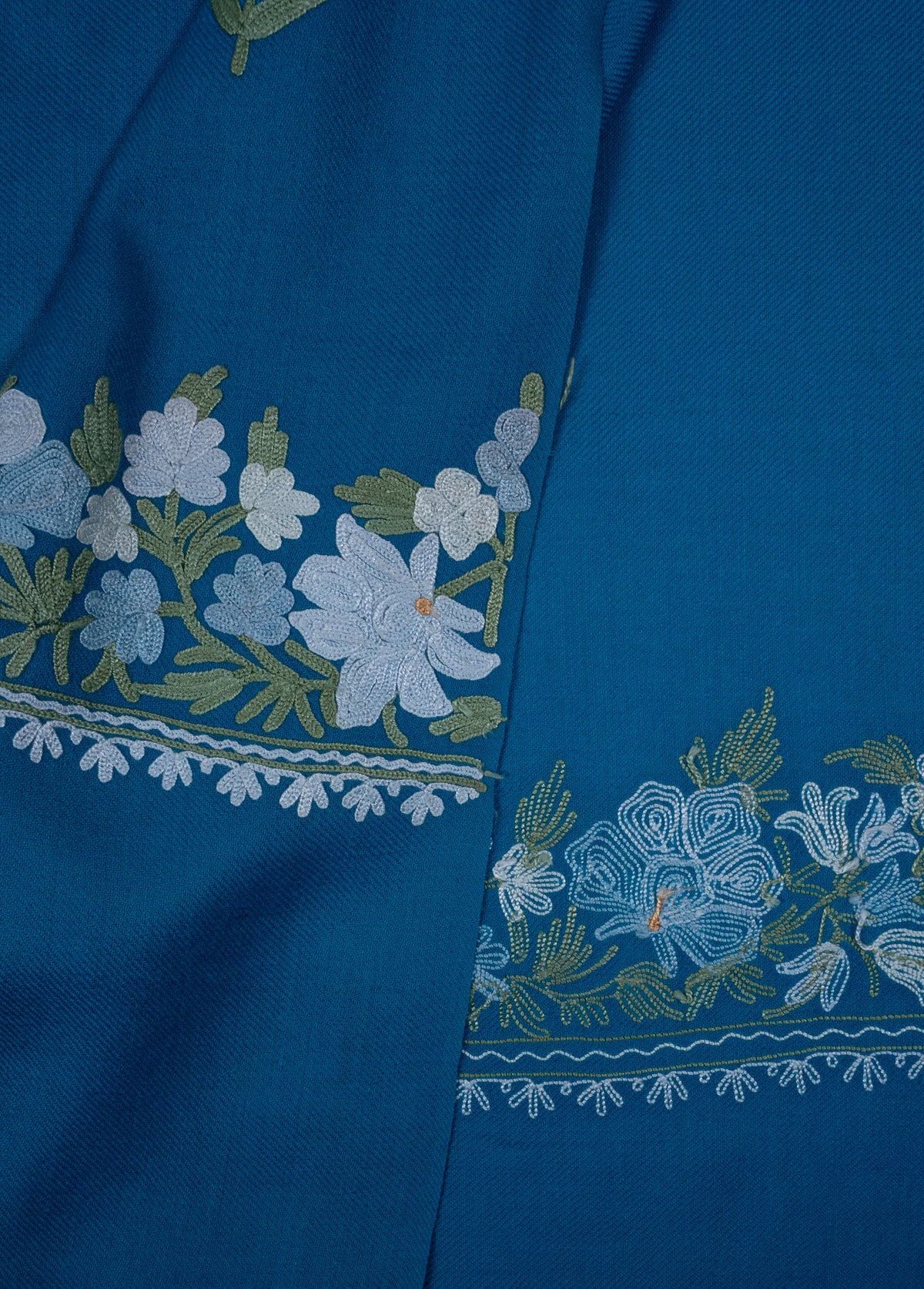 Machine Embroidered Scarf in Turquoise Blue with Floral Border Embroidery