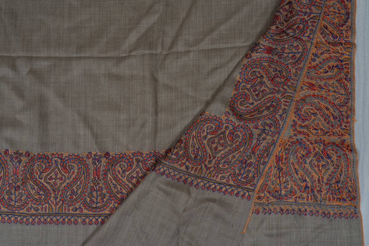 Earthstone Elegance Merino wool 2.5 Yards Sozni Hand Embroidered Shawl