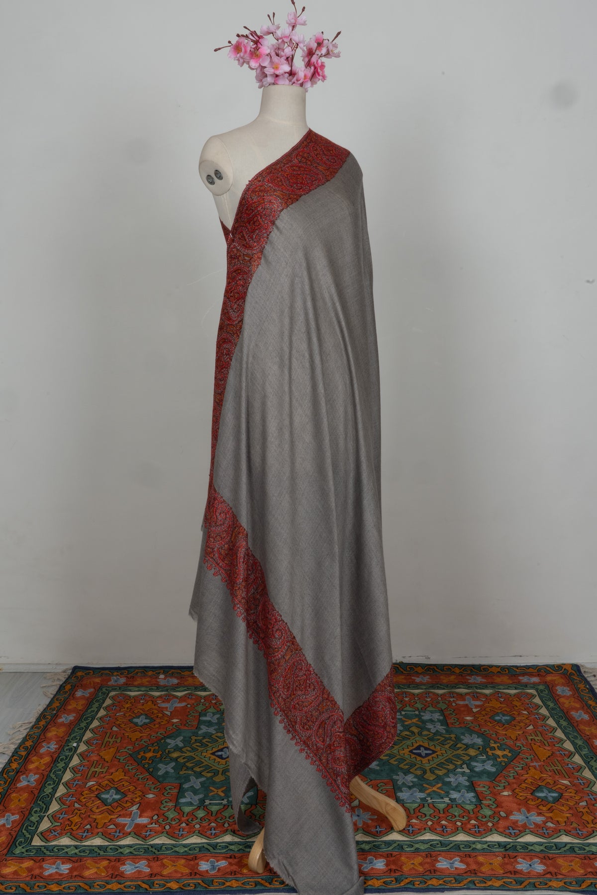 Crimson Dusk Merino wool 2.5 Yards Sozni Hand Embroidered Shawl