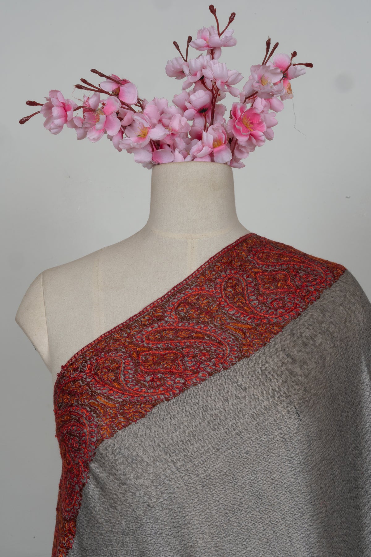 Crimson Dusk Merino wool 2.5 Yards Sozni Hand Embroidered Shawl