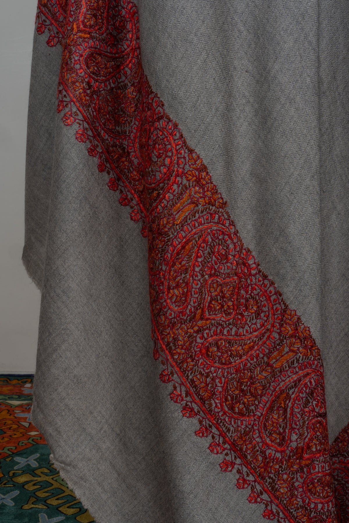 Crimson Dusk Merino wool 2.5 Yards Sozni Hand Embroidered Shawl