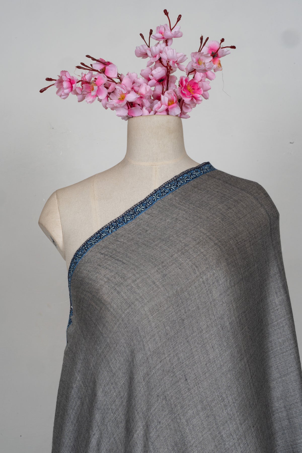 Silver Blue Whisper Merino wool 2.5 Yards Sozni Hand Embroidered Shawl