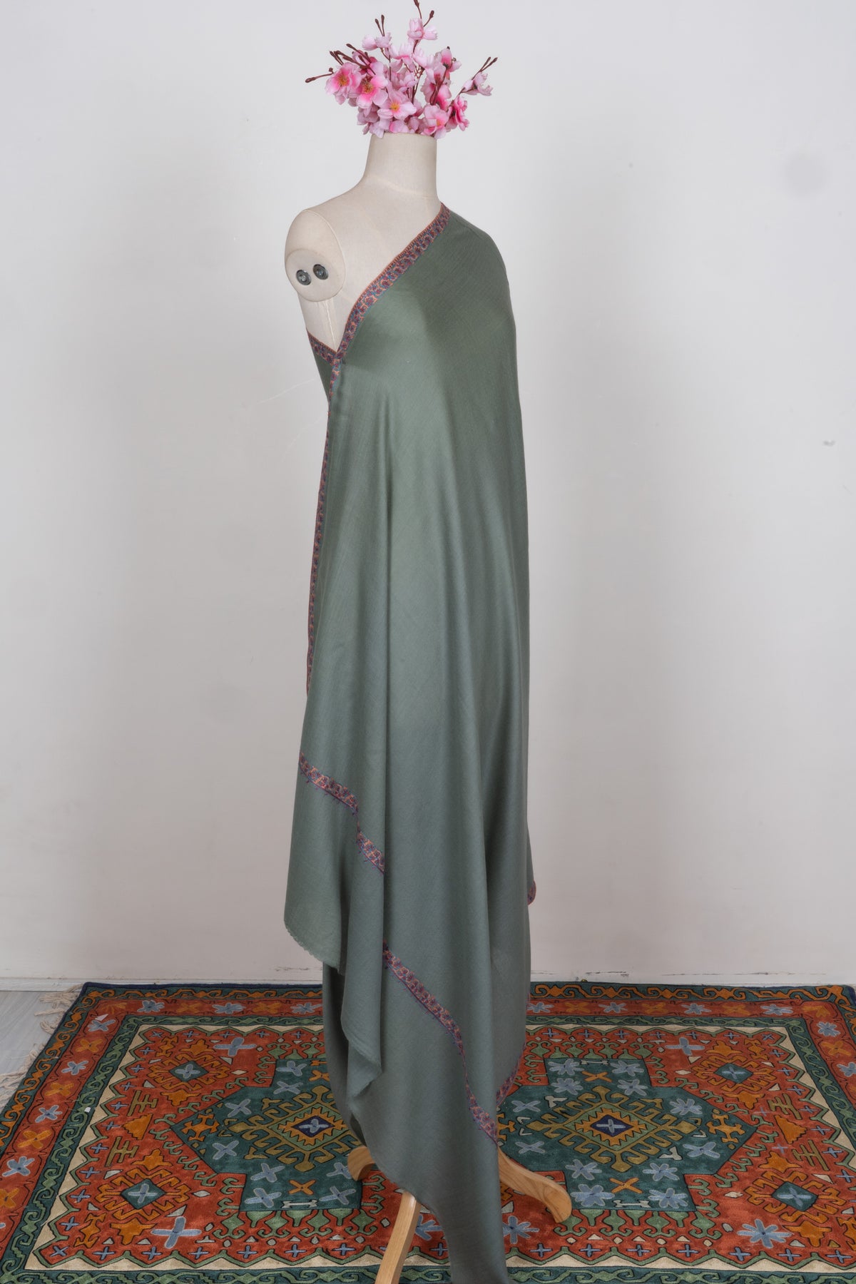 Sage Meadow Merino wool 2.5 Yards Sozni Hand Embroidered Shawl