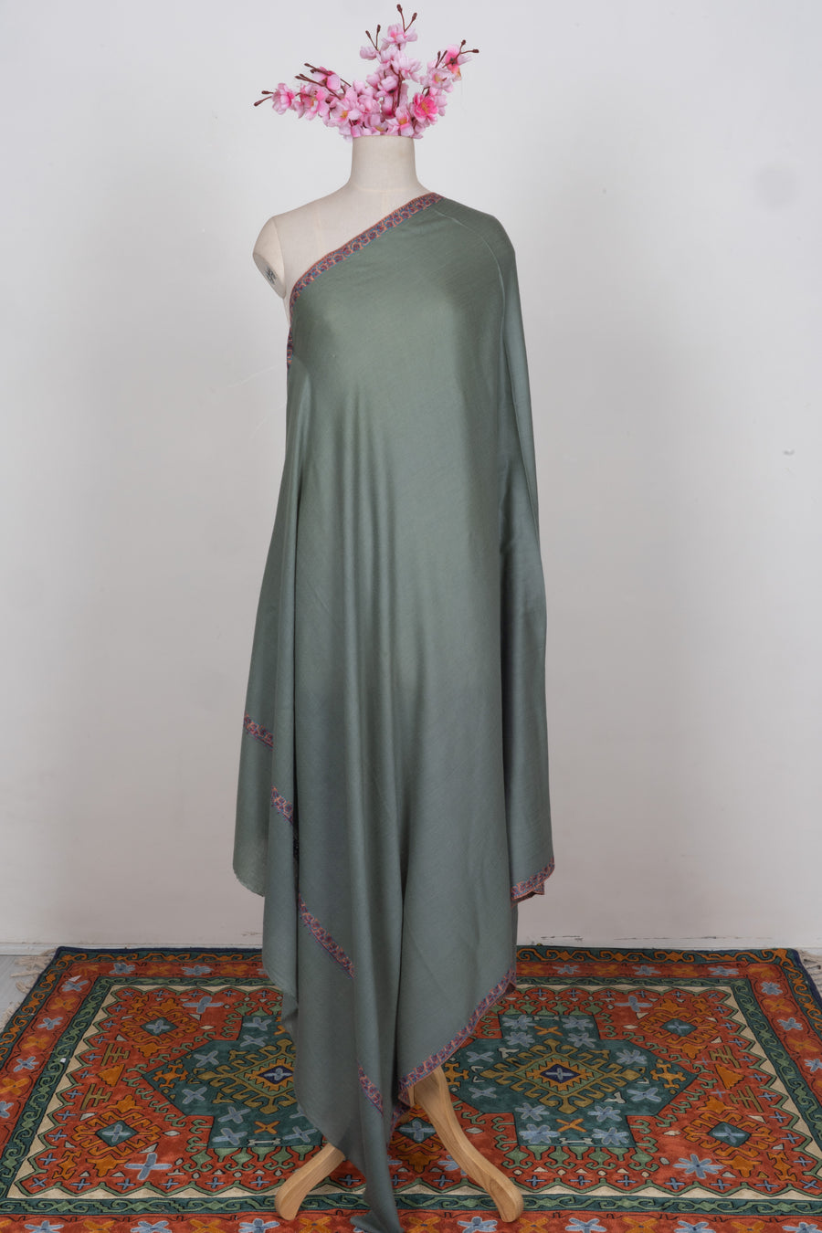 Sage Meadow Merino wool 2.5 Yards Sozni Hand Embroidered Shawl